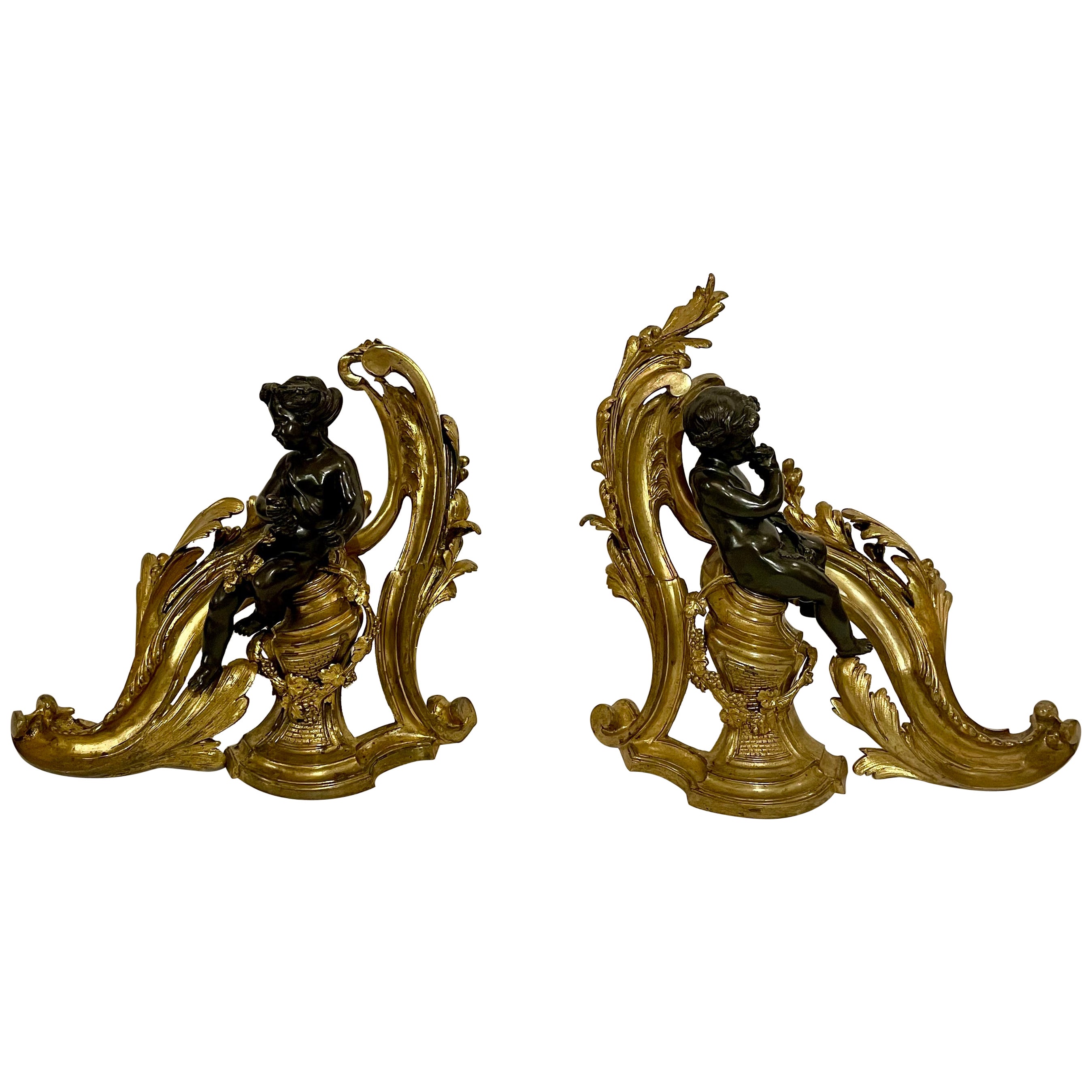 Antique French Louis XV Bronze D'Oré & Patinated Bronze Chenets, Circa 1880. For Sale