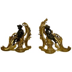 Antique French Louis XV Bronze D'Oré & Patinated Bronze Chenets, Circa 1880.