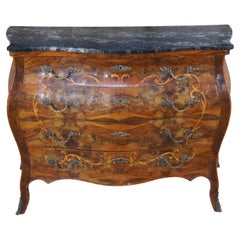 Antique French Louis XV Burl Walnut Marble Top Commode Bombe Chest 54"
