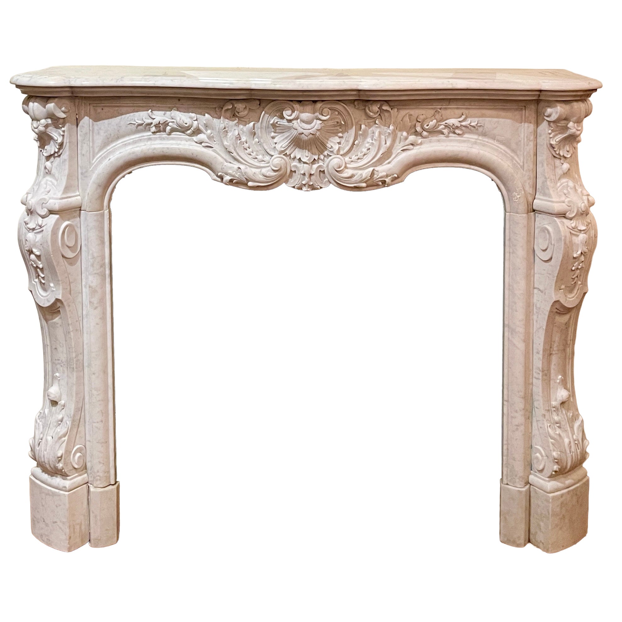 Antique French Louis XV Carrara Marble Mantel, CIRCA 1860.