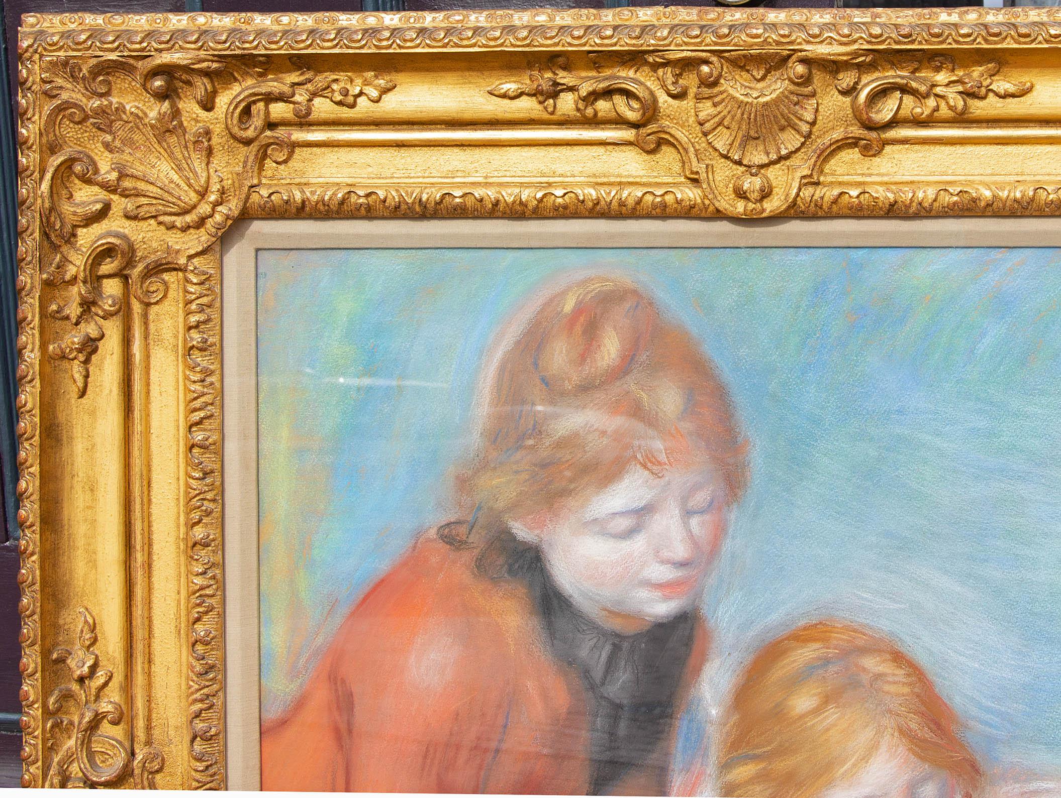 European Antique French Louis XV Carved and Gilt Frame with Pastel Painting After Renoir