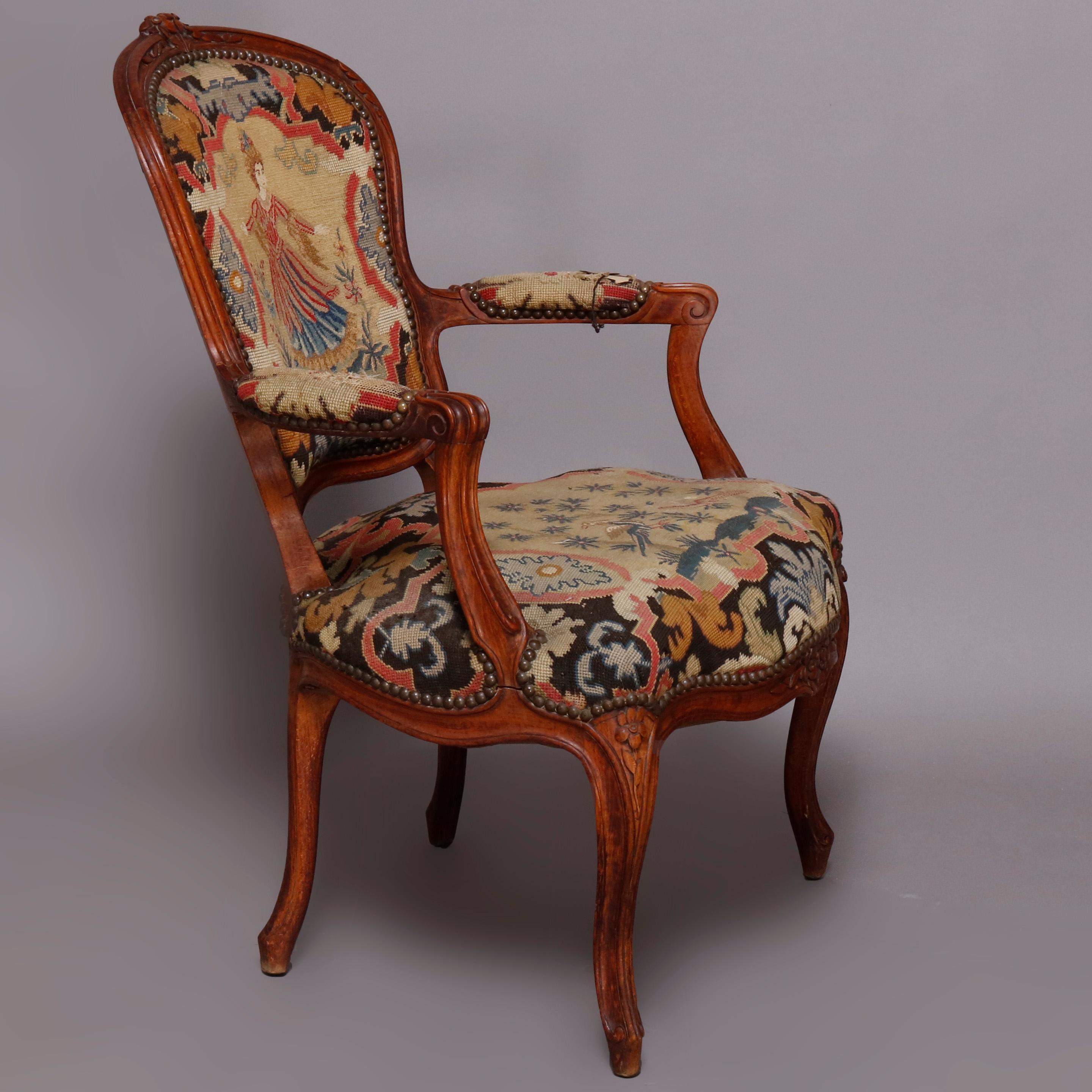 French Louis XV Carved Fruitwood & Pictorial Needlepoint Fauteuils, circa 1790 7