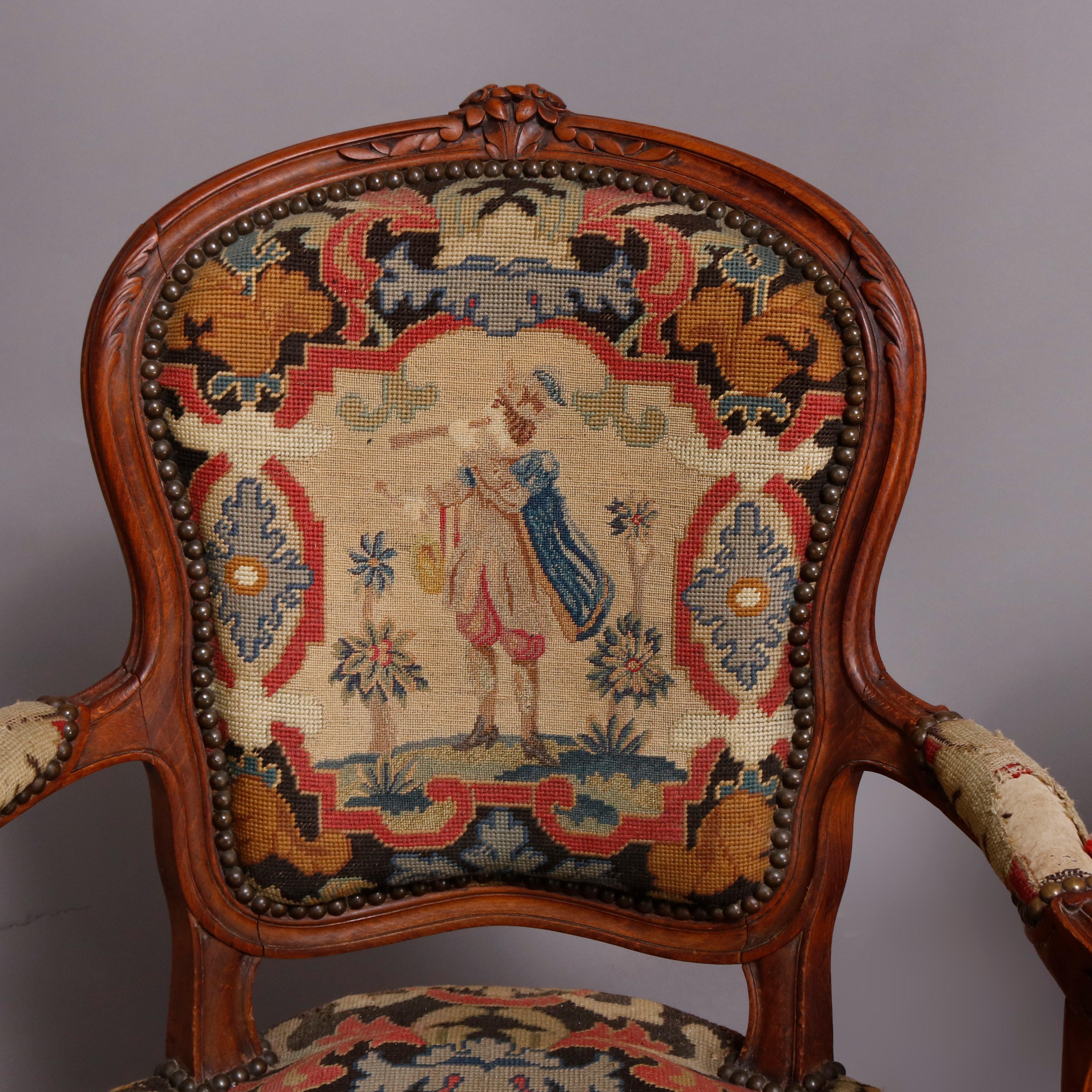 French Louis XV Carved Fruitwood & Pictorial Needlepoint Fauteuils, circa 1790 In Good Condition In Big Flats, NY