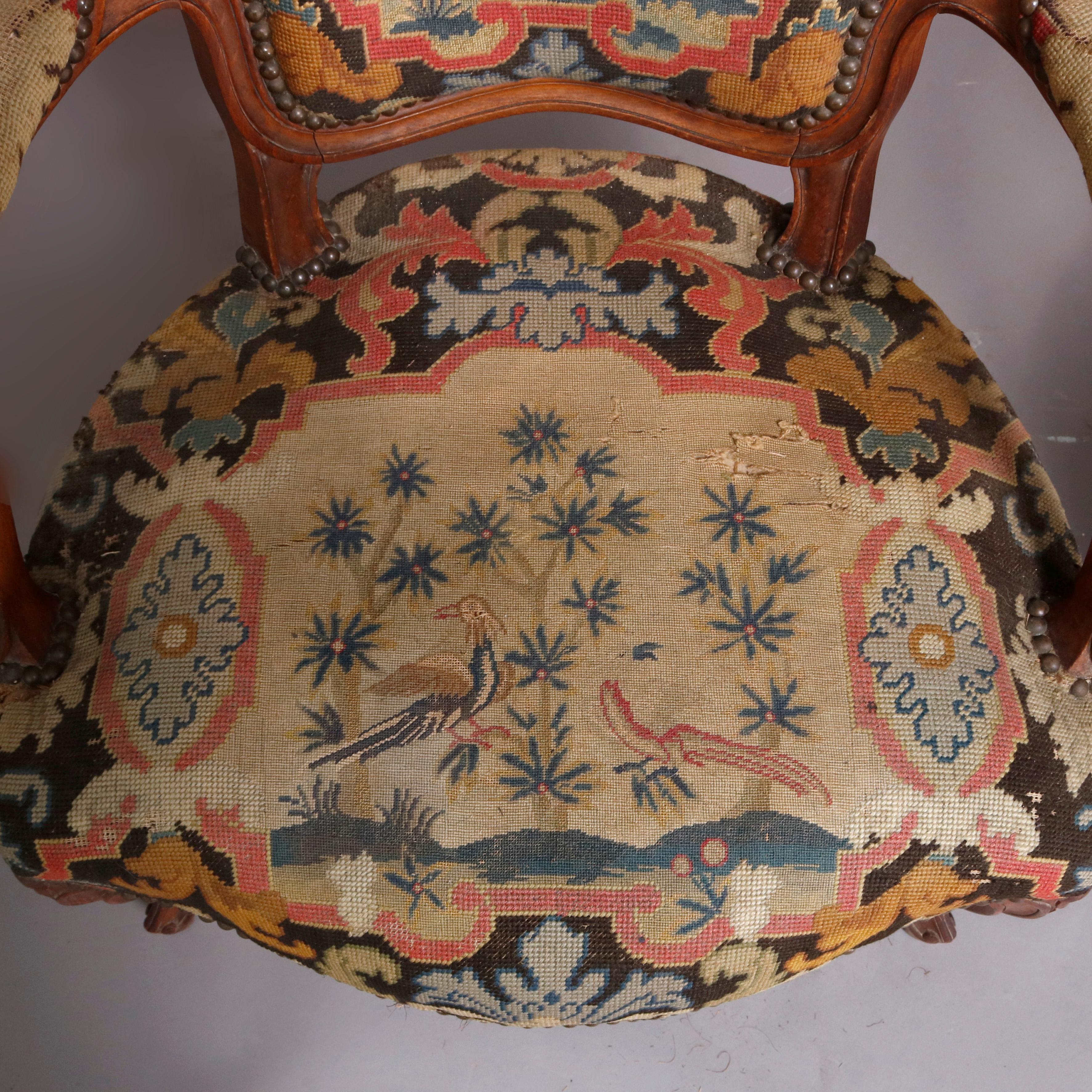 18th Century and Earlier French Louis XV Carved Fruitwood & Pictorial Needlepoint Fauteuils, circa 1790