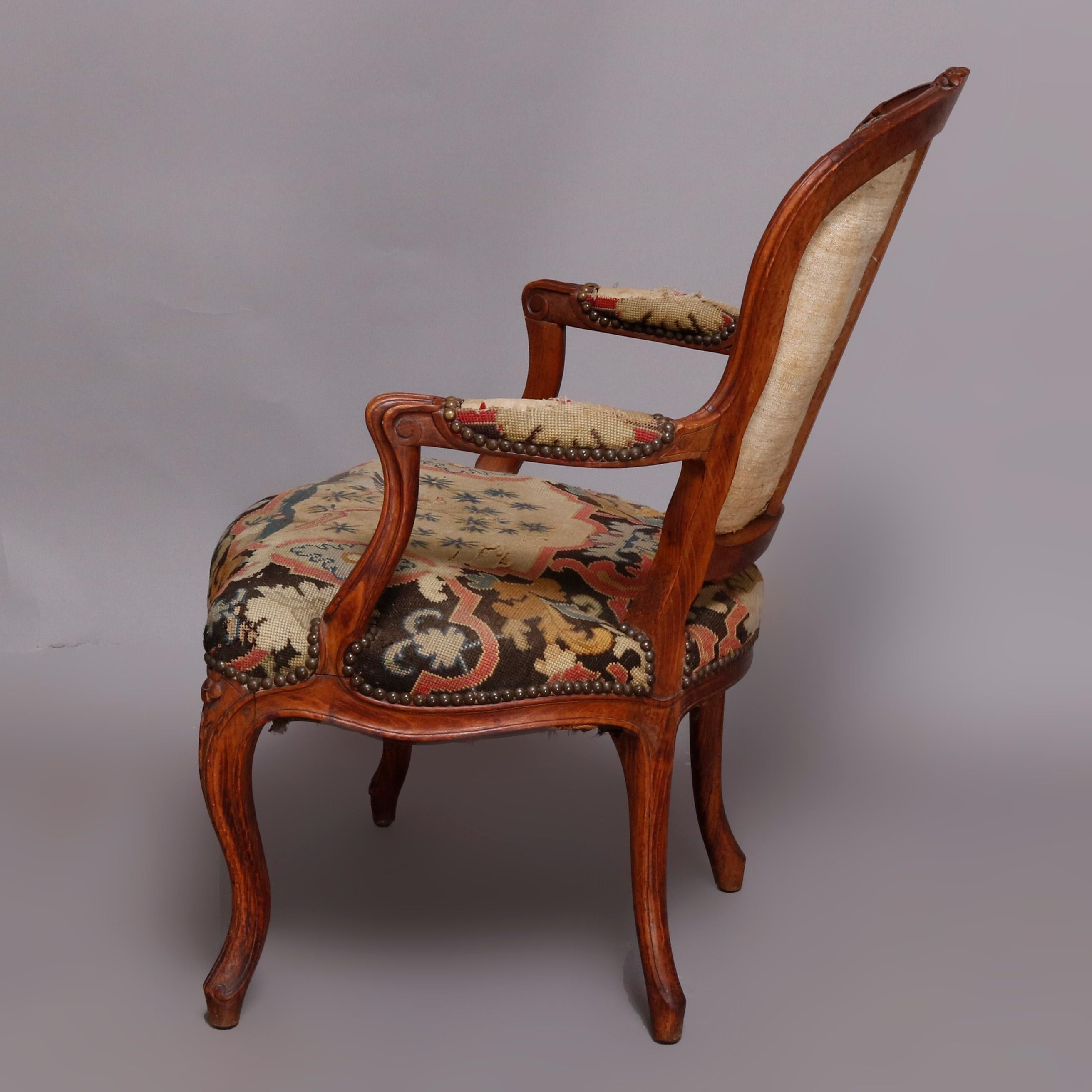 Upholstery French Louis XV Carved Fruitwood & Pictorial Needlepoint Fauteuils, circa 1790