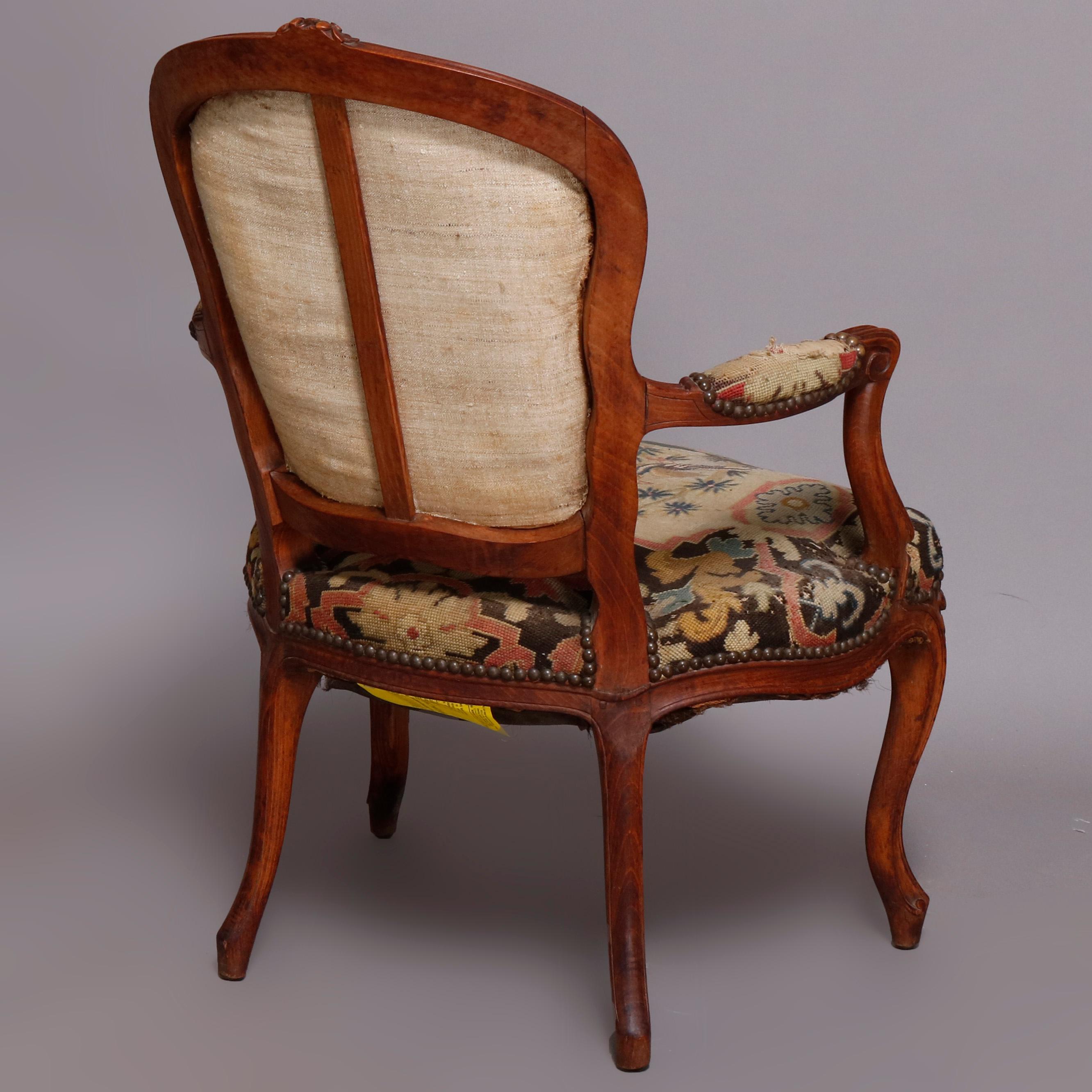 French Louis XV Carved Fruitwood & Pictorial Needlepoint Fauteuils, circa 1790 1