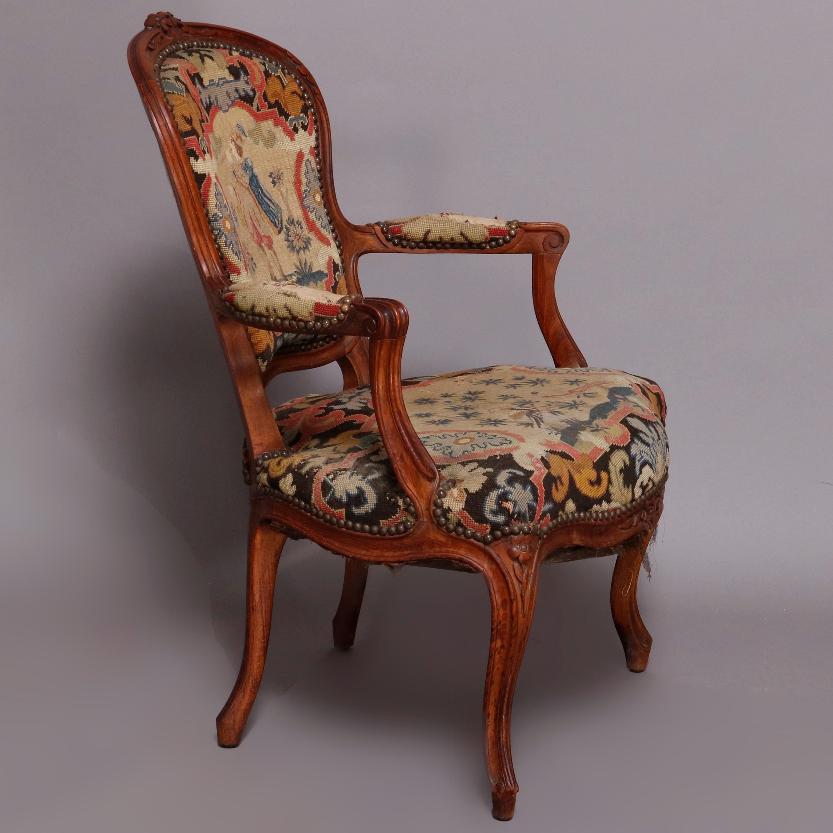 French Louis XV Carved Fruitwood & Pictorial Needlepoint Fauteuils, circa 1790 2