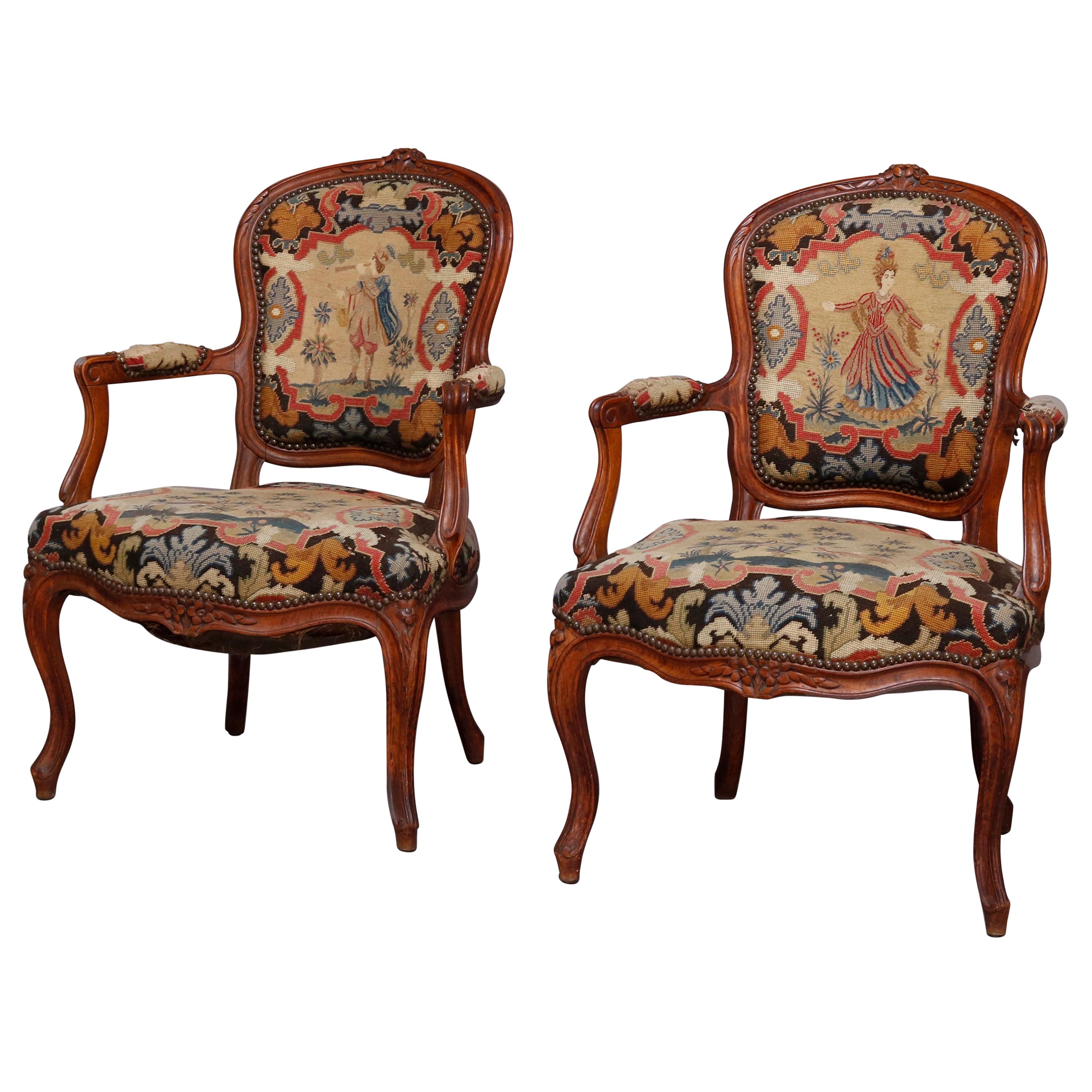 French Louis XV Carved Fruitwood & Pictorial Needlepoint Fauteuils, circa 1790