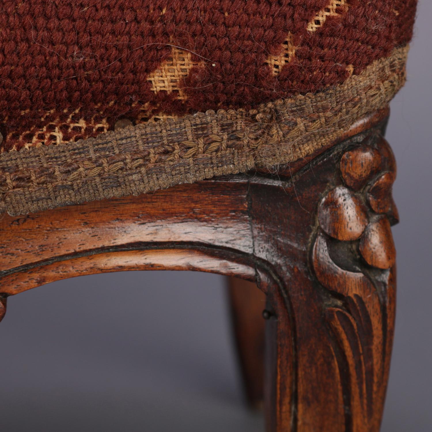 Antique French Louis XV Carved Mahogany and Foliate Tapestry Footstool 7