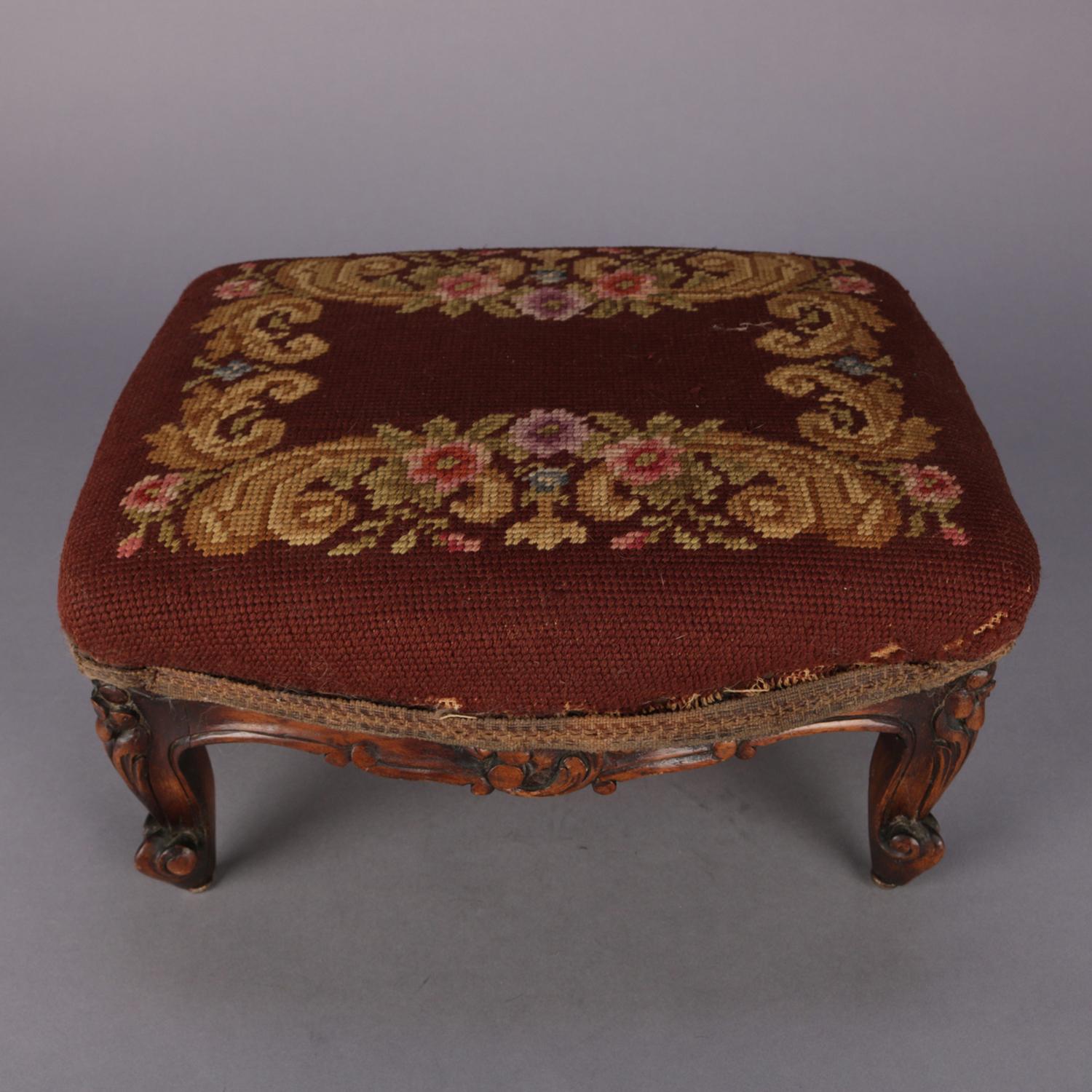 Antique French Louis XV Carved Mahogany and Foliate Tapestry Footstool In Good Condition In Big Flats, NY