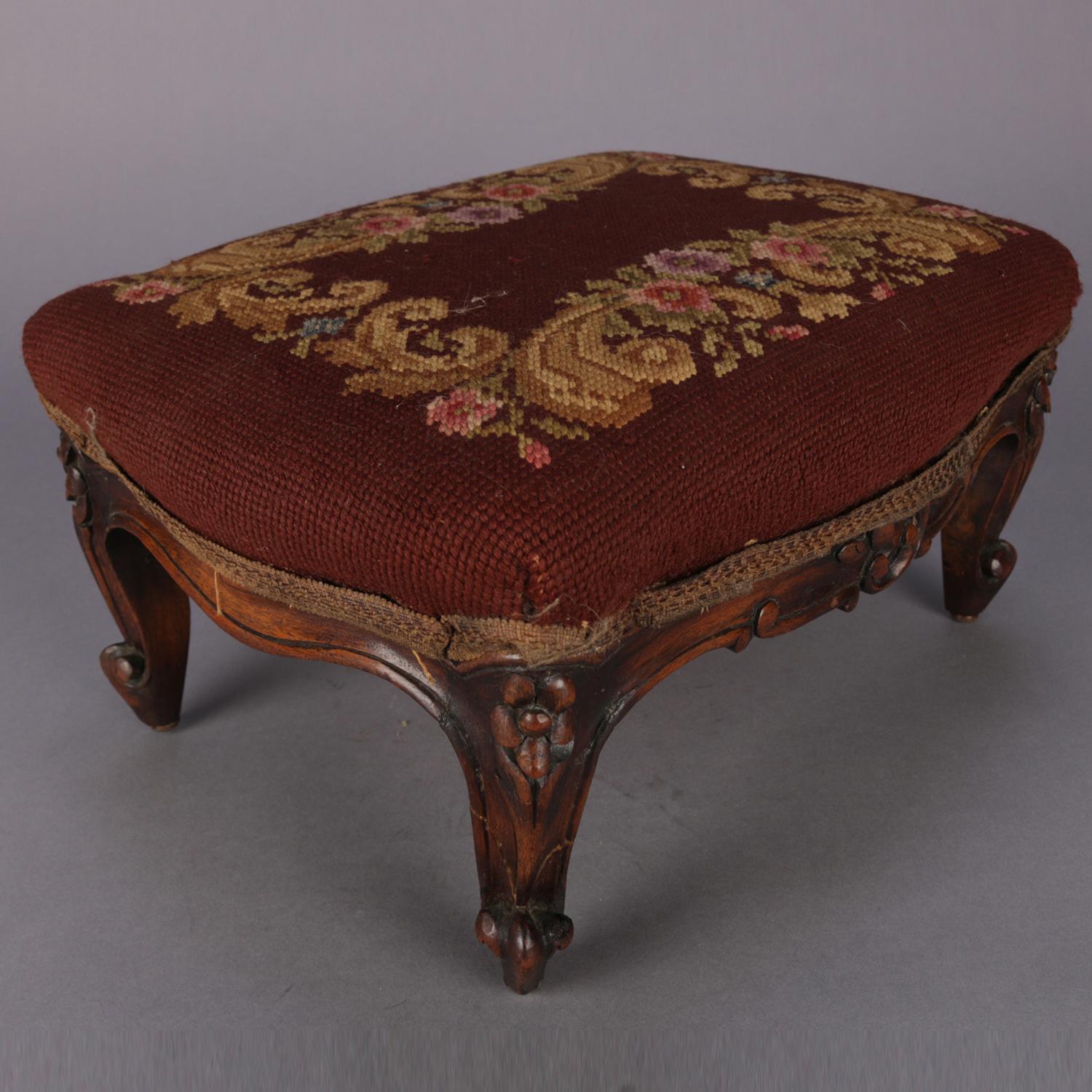 19th Century Antique French Louis XV Carved Mahogany and Foliate Tapestry Footstool