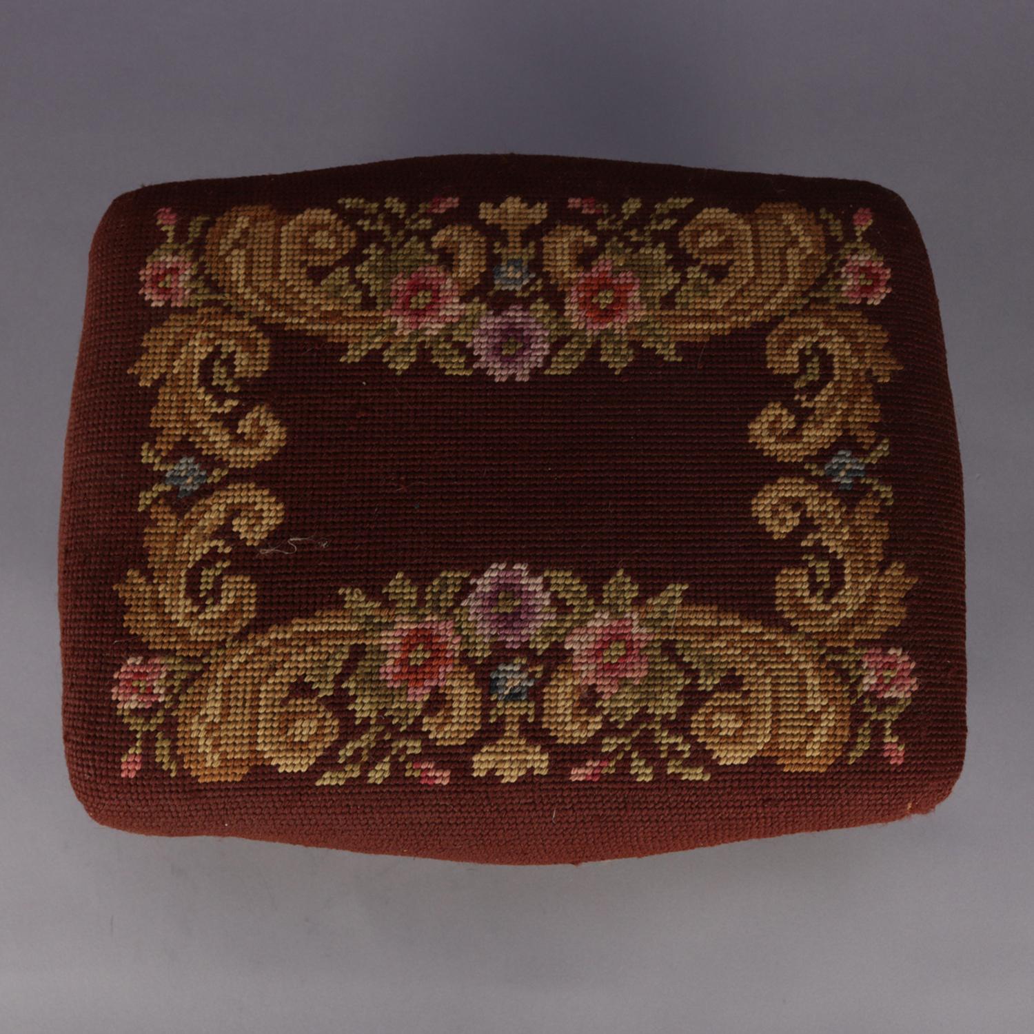 Antique French Louis XV Carved Mahogany and Foliate Tapestry Footstool 1