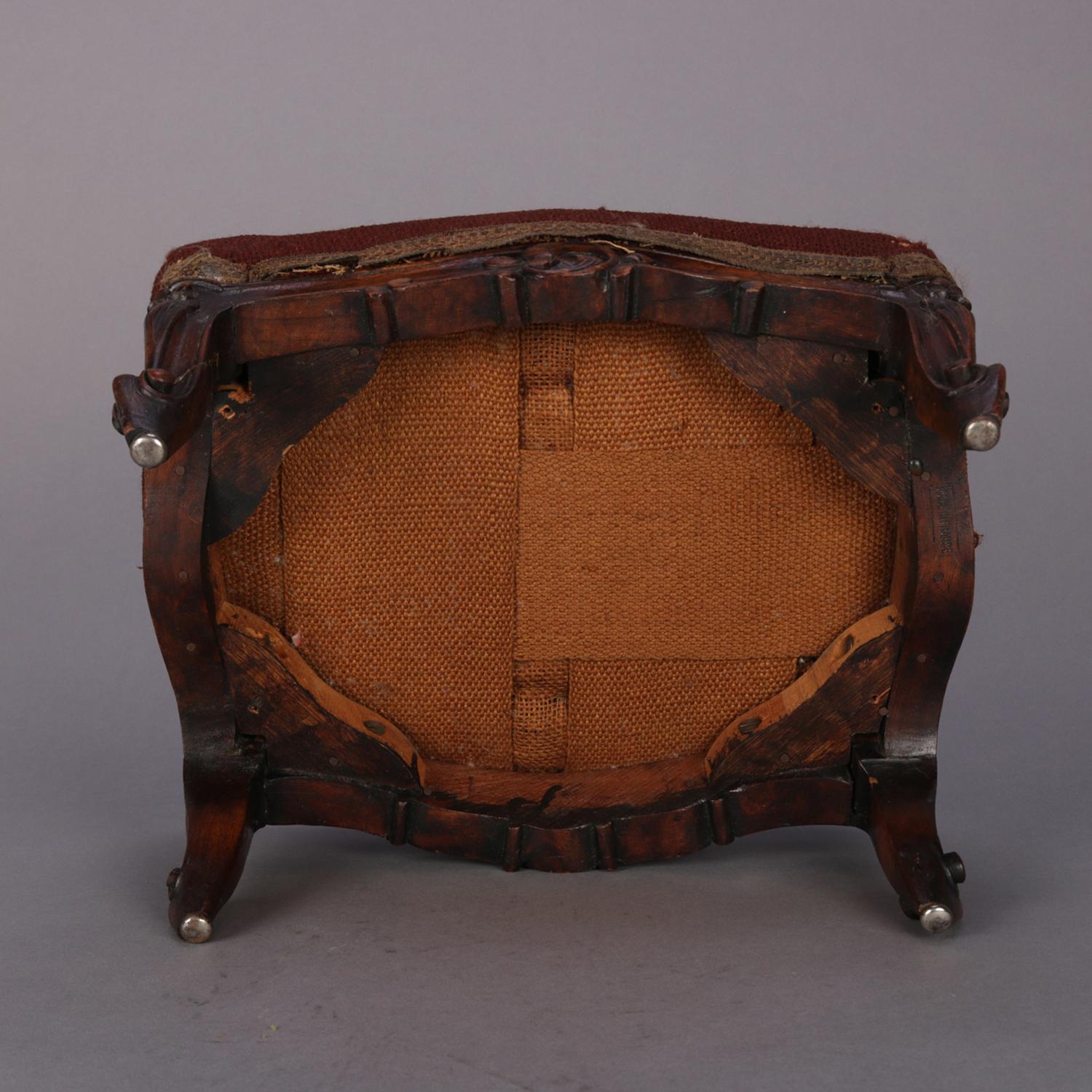 Antique French Louis XV Carved Mahogany and Foliate Tapestry Footstool 2