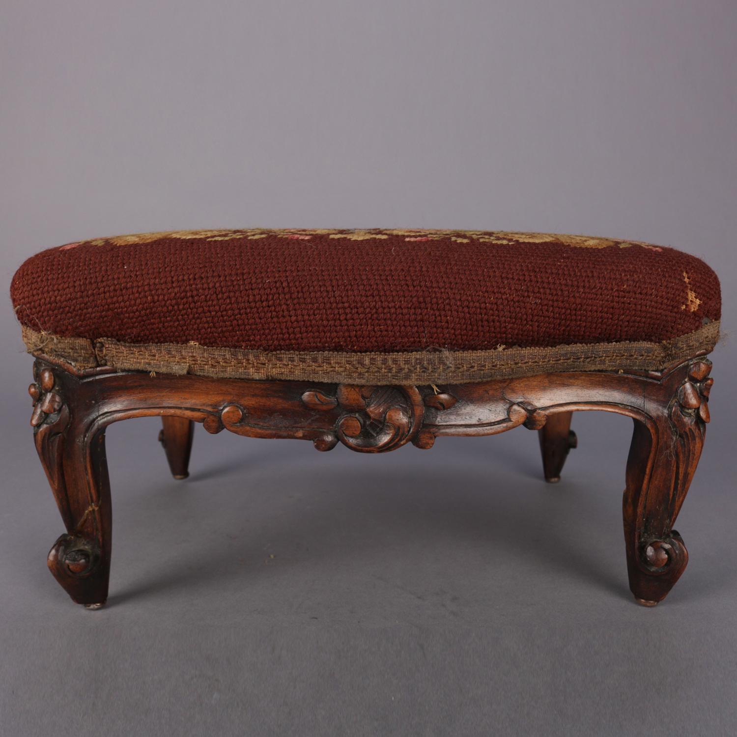 Antique French Louis XV Carved Mahogany and Foliate Tapestry Footstool 3