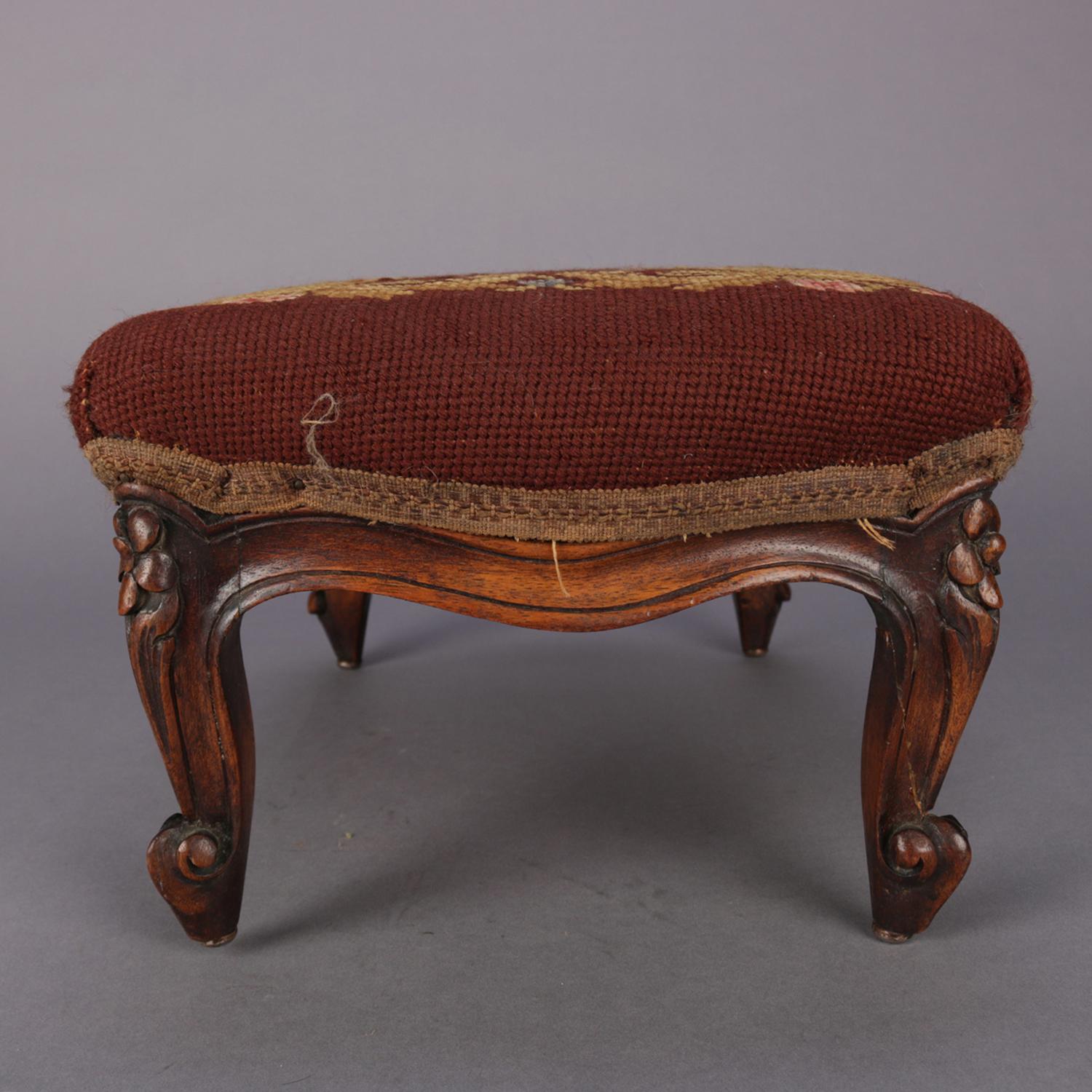 Antique French Louis XV Carved Mahogany and Foliate Tapestry Footstool 4