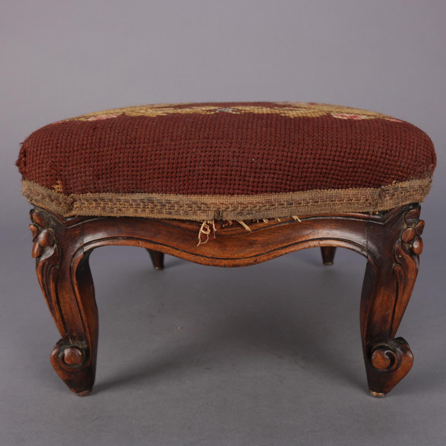 Antique French Louis XV Carved Mahogany and Foliate Tapestry Footstool 5