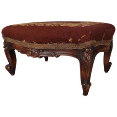Antique French Louis XV Carved Mahogany and Foliate Tapestry Footstool