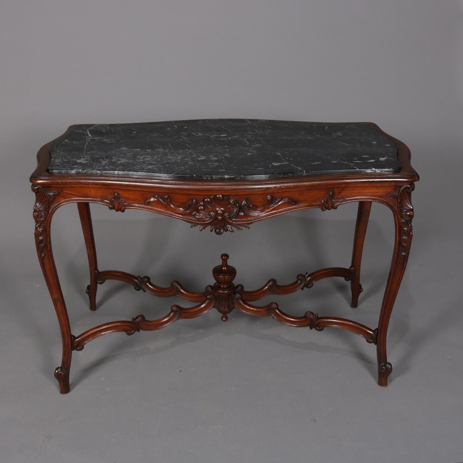 Antique French Louis XV Carved Mahogany and Marble Top Center Table In Good Condition In Big Flats, NY