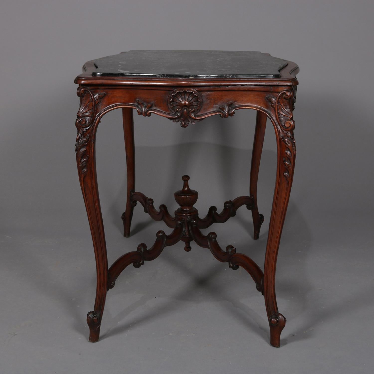 19th Century Antique French Louis XV Carved Mahogany and Marble Top Center Table