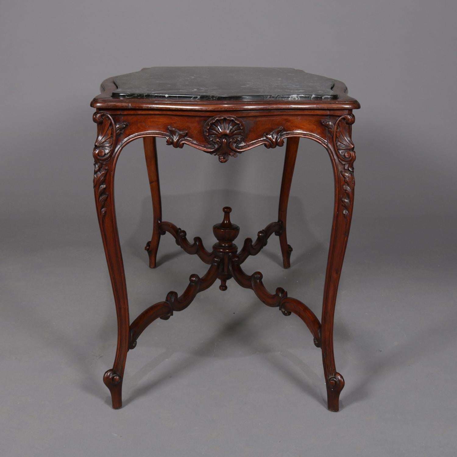 Antique French Louis XV Carved Mahogany and Marble Top Center Table (Geschnitzt)