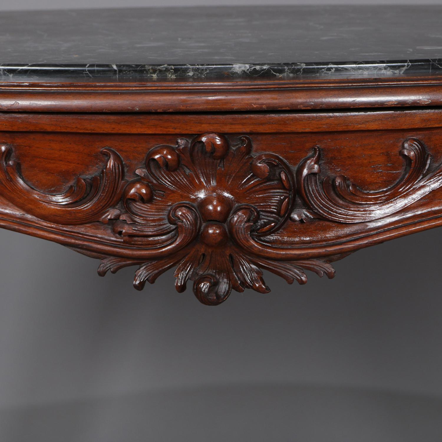Antique French Louis XV Carved Mahogany and Marble Top Center Table (19. Jahrhundert)