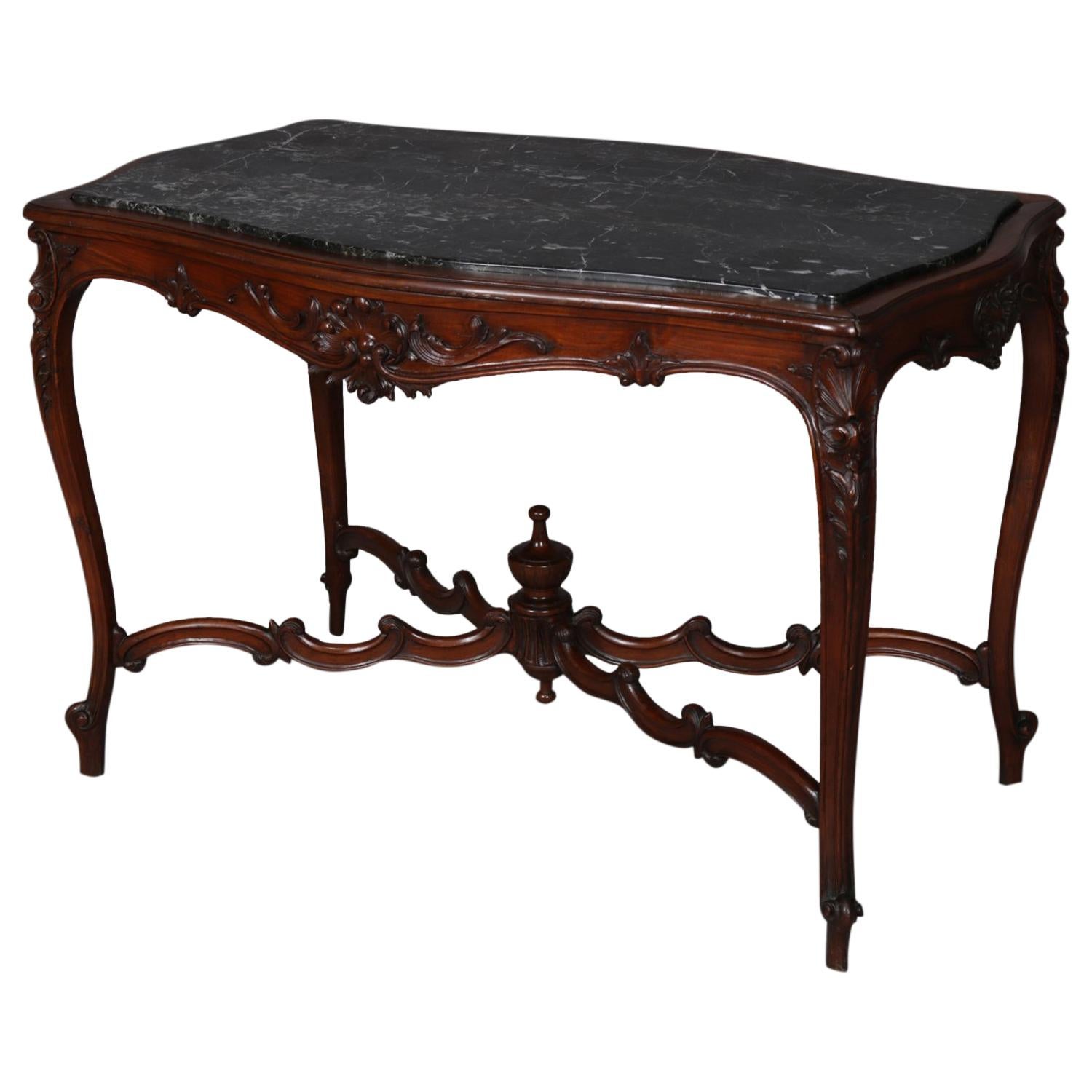 Antique French Louis XV Carved Mahogany and Marble Top Center Table