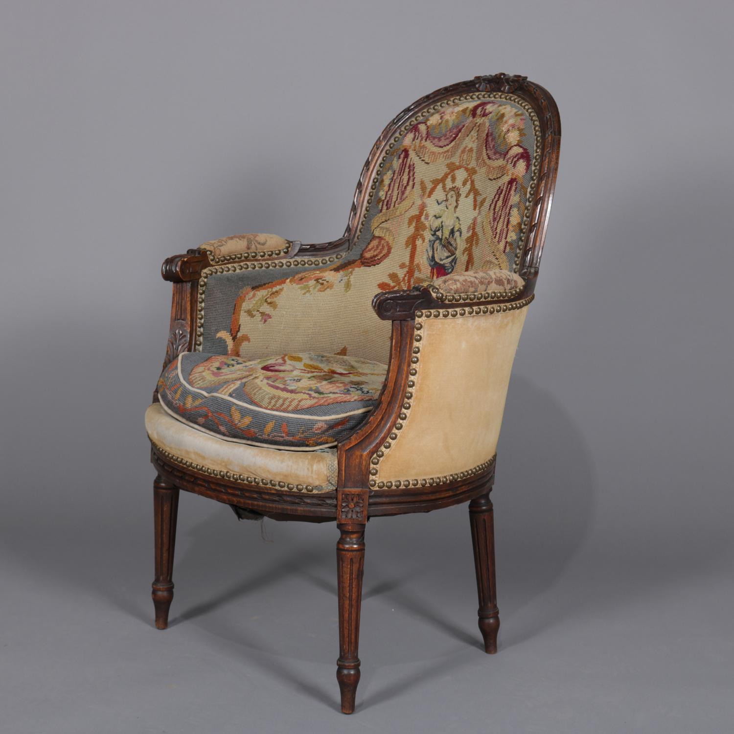 Antiker französischer Louis-XV-Sessel aus geschnitztem Mahagoni und Wandteppich, um 1875 3