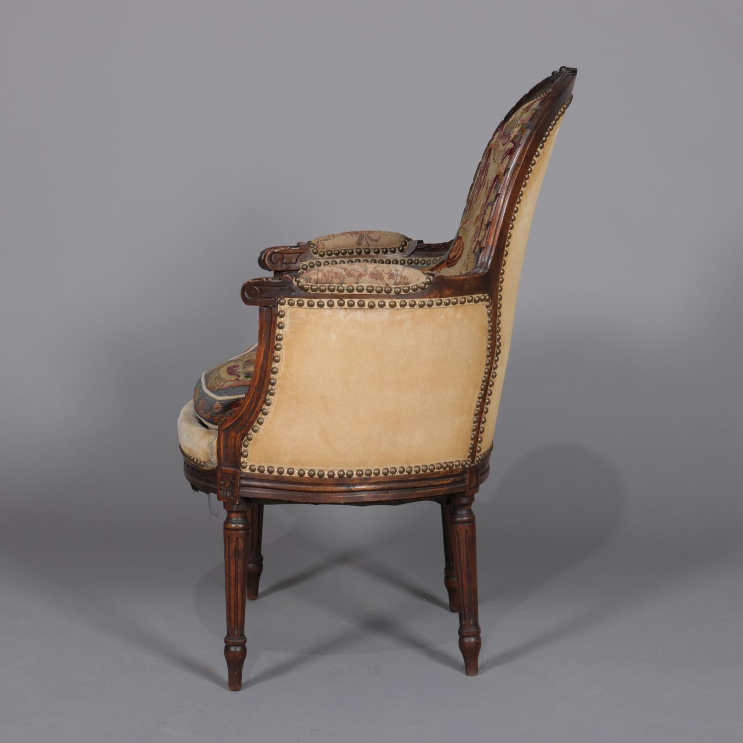 19th Century Antique French Louis XV Carved Mahogany and Tapestry Armchair, circa 1875