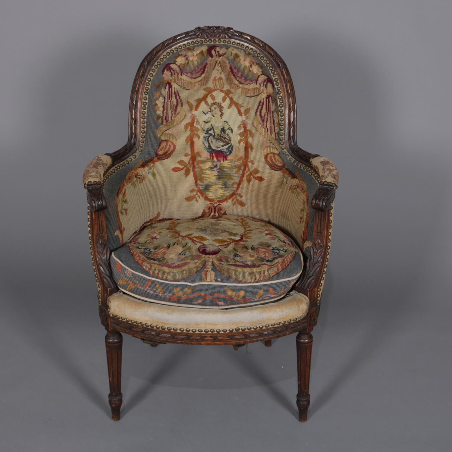 Antiker französischer Louis-XV-Sessel aus geschnitztem Mahagoni und Wandteppich, um 1875 (19. Jahrhundert)