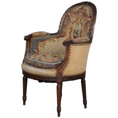 Antiker französischer Louis-XV-Sessel aus geschnitztem Mahagoni und Wandteppich, um 1875