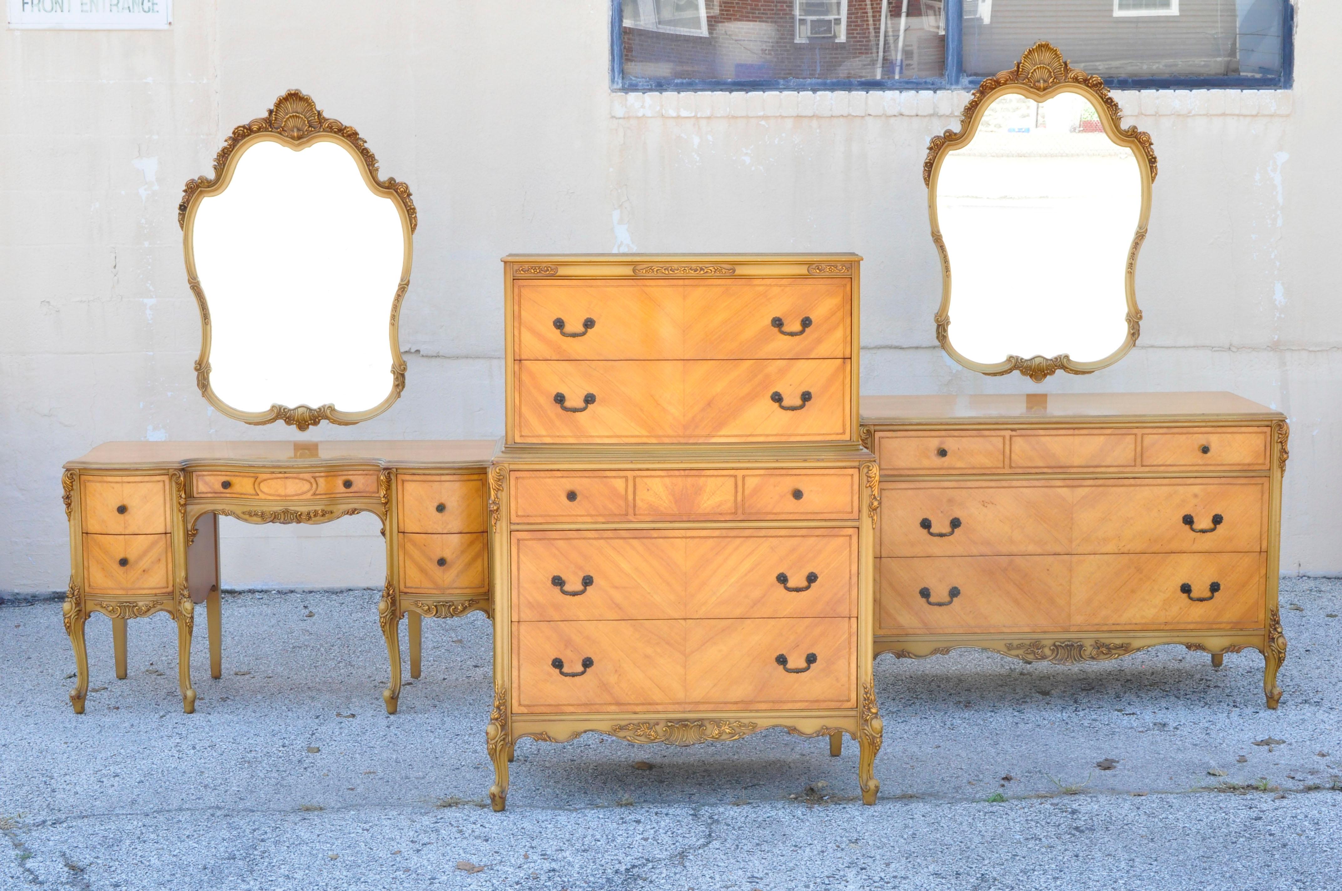 Antique French Louis XV Carved Satinwood 9 Pc Bedroom Set Dresser Vanity Mirror For Sale 5