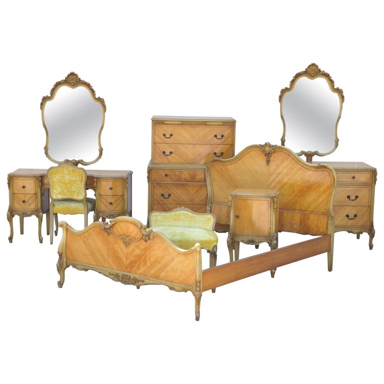 Antique French Louis XV Carved Satinwood 9 Pc Bedroom Set Dresser