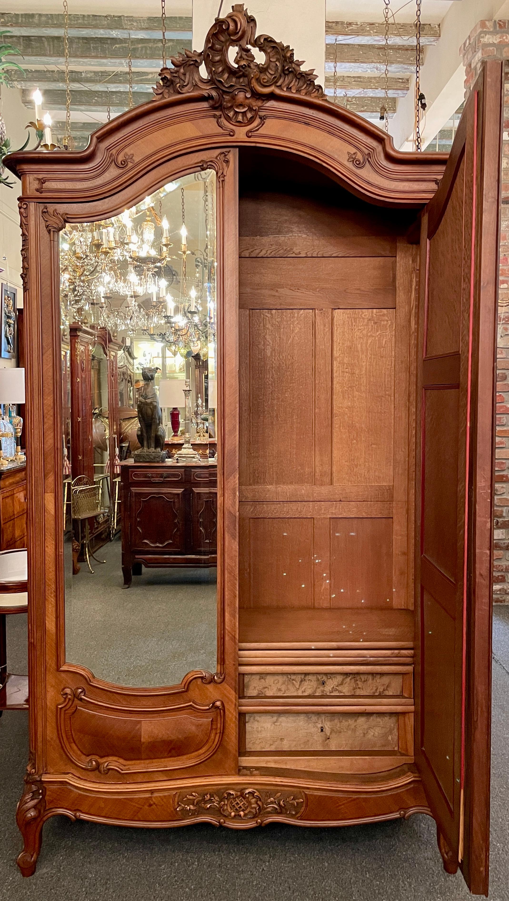 Antique French Louis XV Carved Walnut 2 Door Armoire w/ Original Mirrors Ca 1900 In Good Condition For Sale In New Orleans, LA