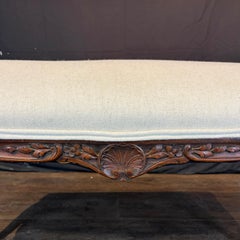 Antique French Louis XV Carved Walnut Bench with New Linen Upholstery