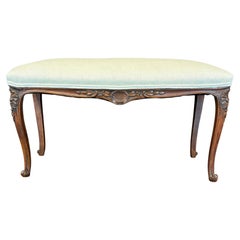 Antique French Louis XV Carved Walnut Bench with New Linen Upholstery