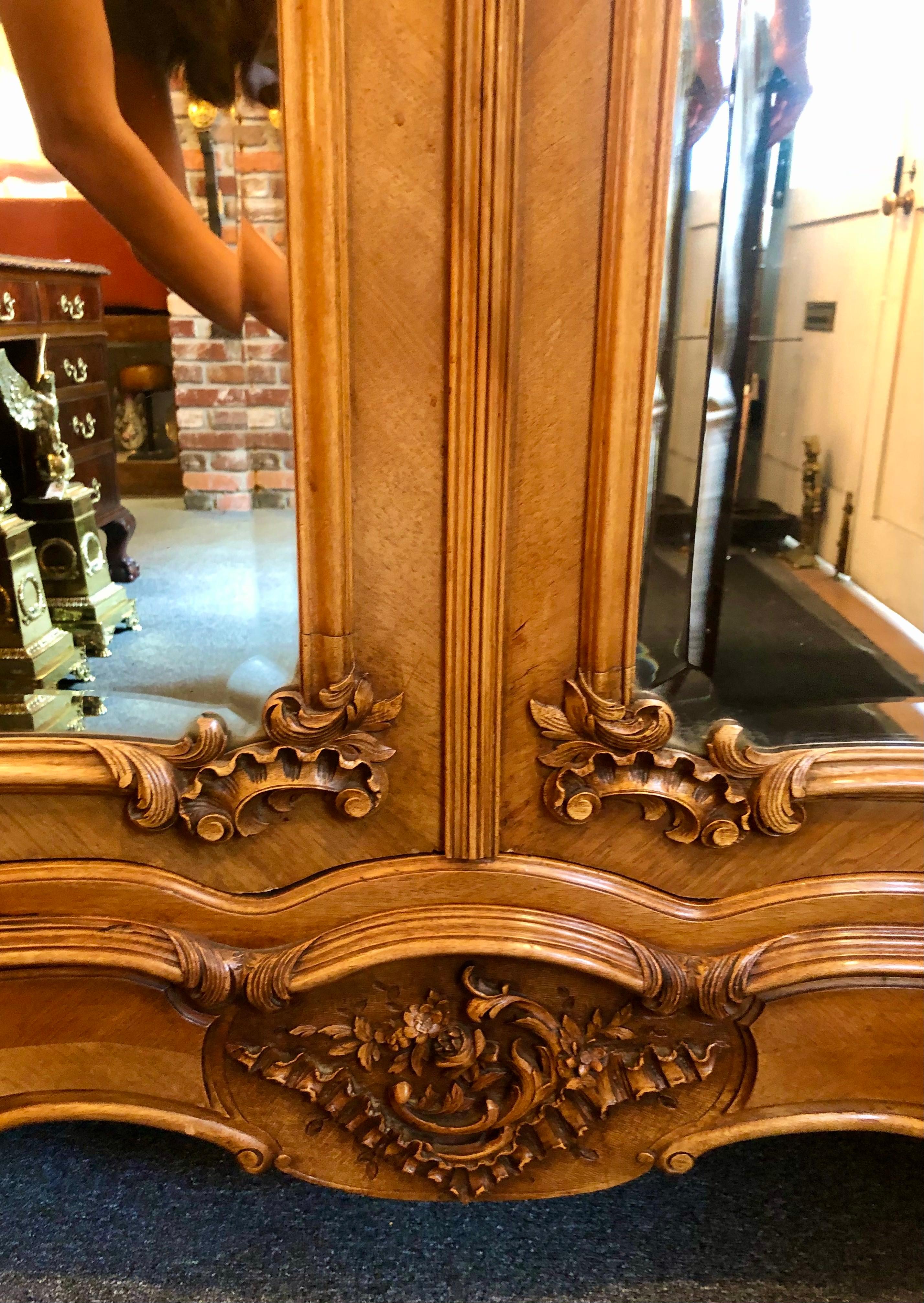 Late 19th Century Antique French Louis XV Carved Walnut Beveled Mirror 2 Door Armoire, Circa 1880