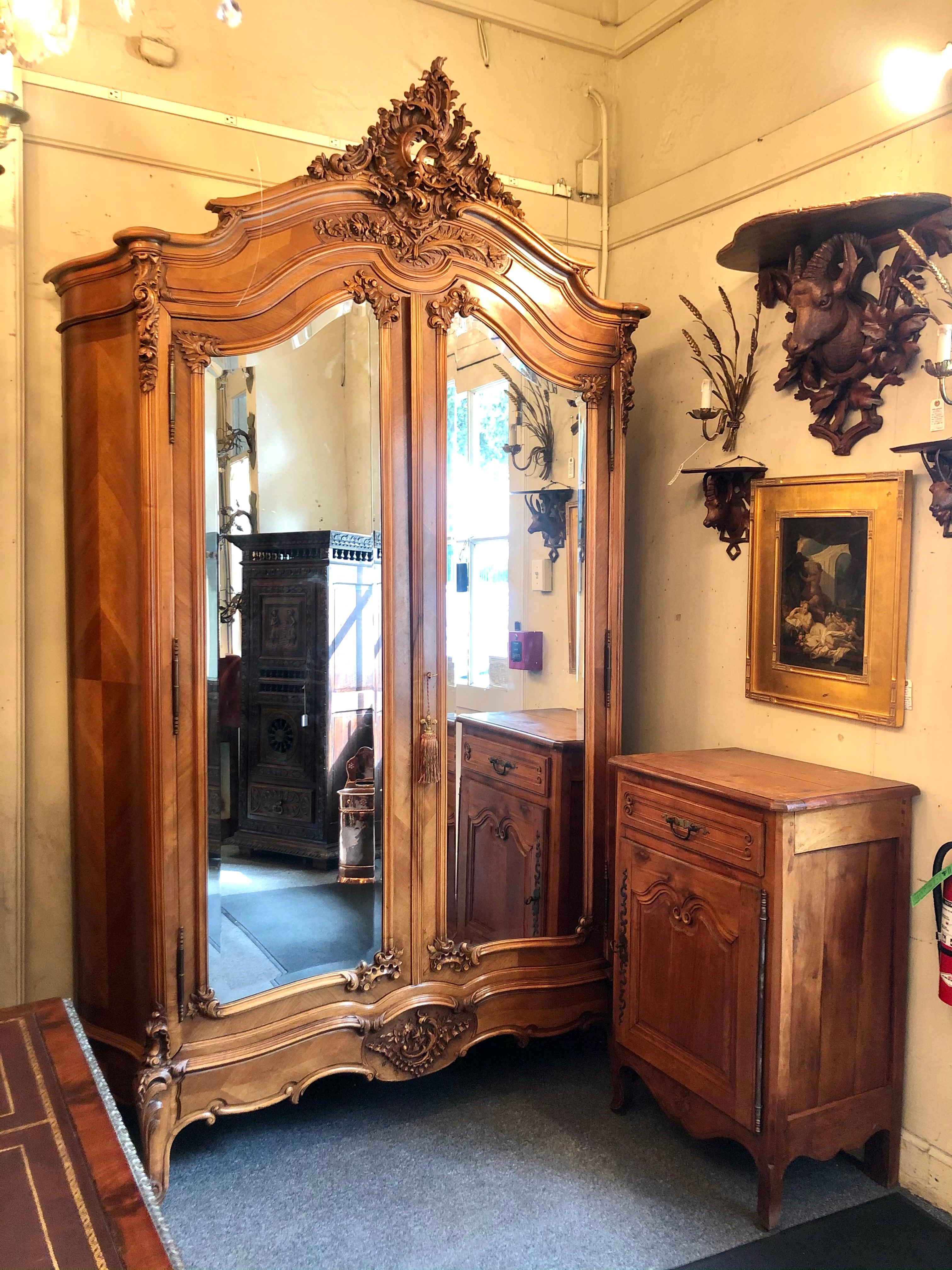 Antique French Louis XV Carved Walnut Beveled Mirror 2 Door Armoire, Circa 1880 1