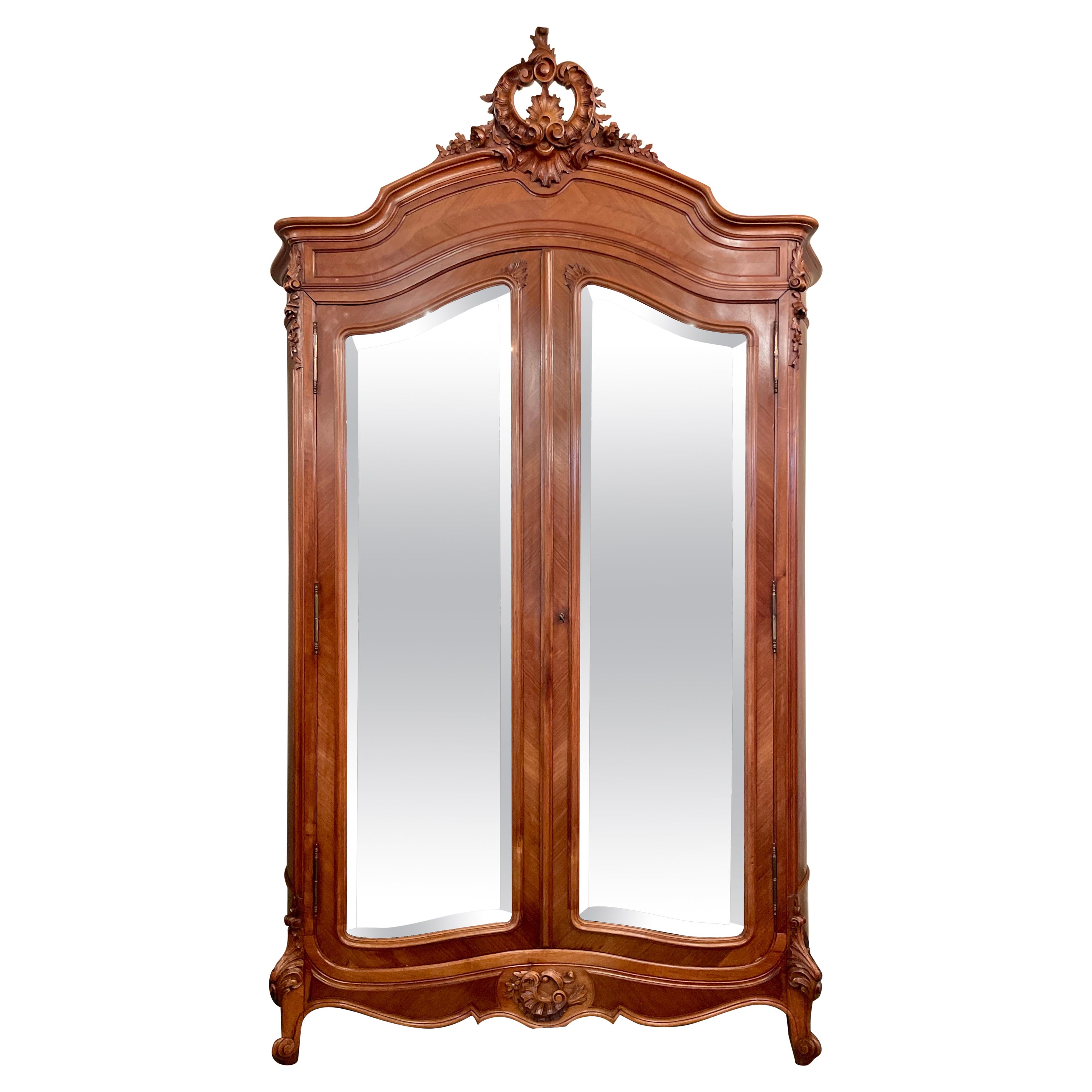 Antique French Louis XV Carved Walnut 
Beveled Mirror 2-Door Armoire Circa 1880