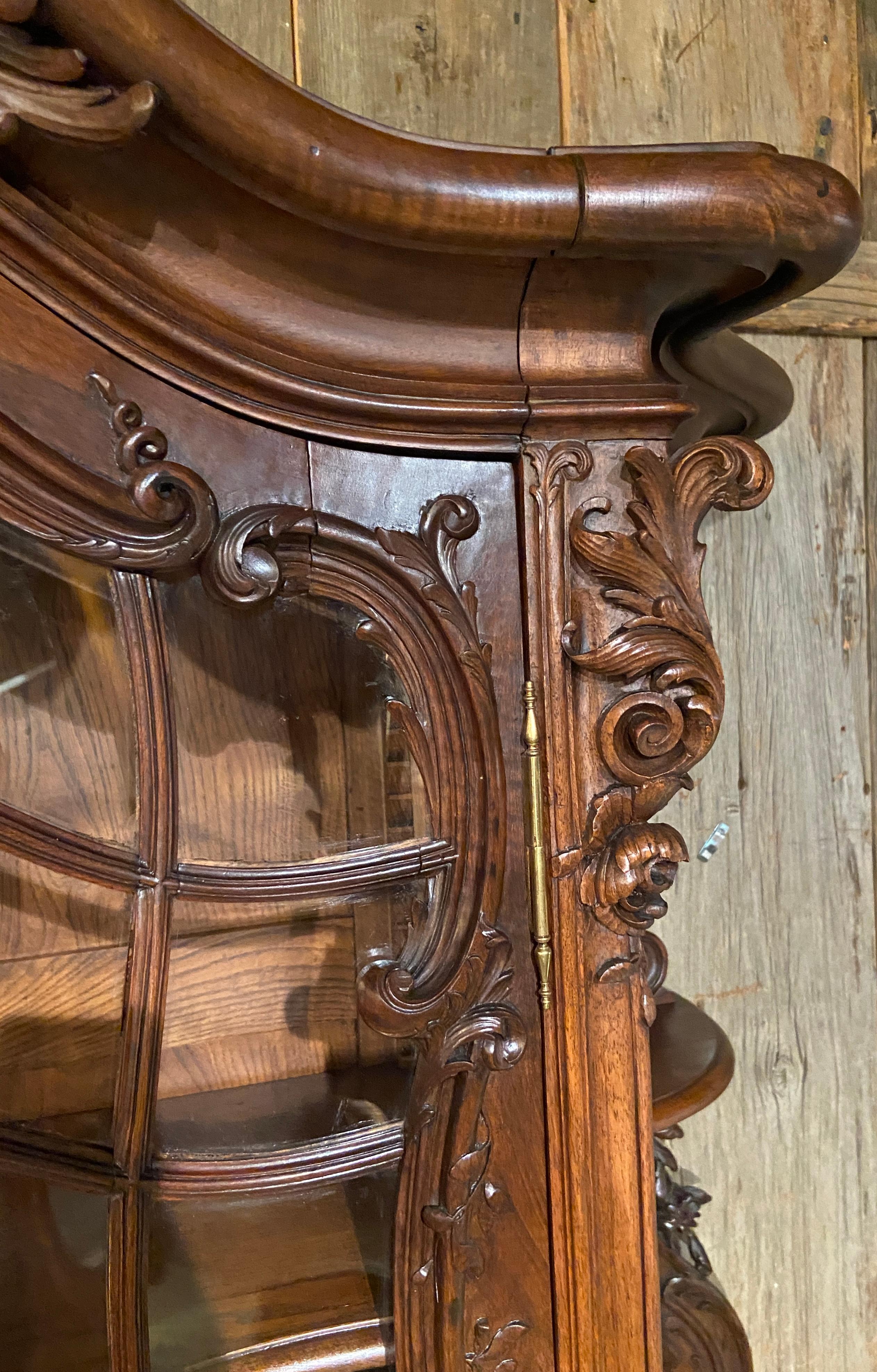 19th Century Antique French Louis XV Carved Walnut Curved Glass Front Cabinet, Circa 1860 For Sale