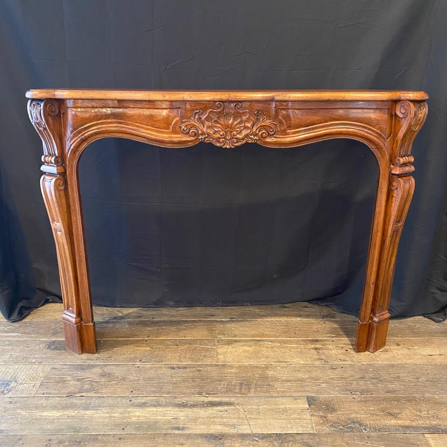 Antique French Louis XV Carved Walnut Fireplace Mantel 7
