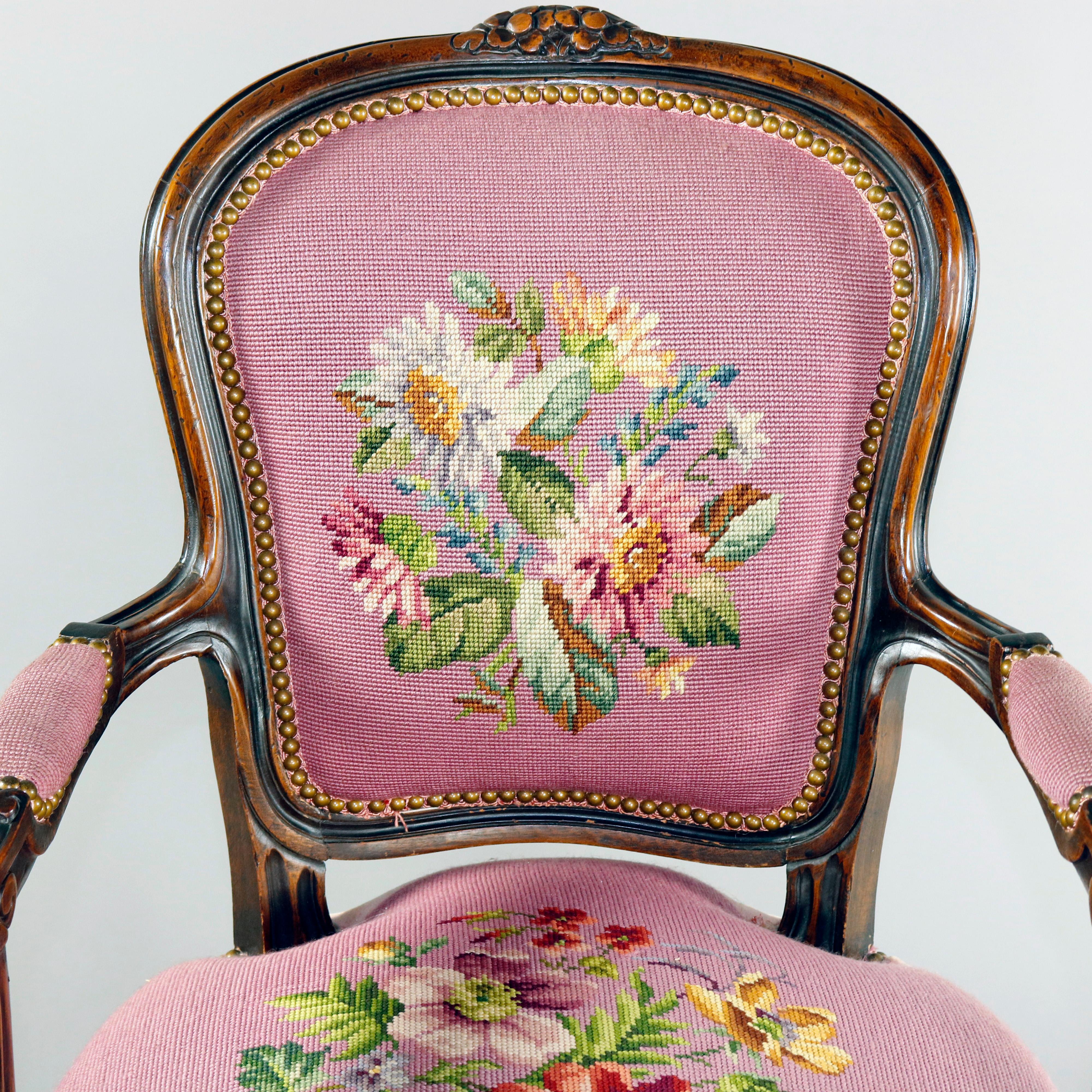 Victorian French Louis XV Carved Walnut and Floral Needlepoint Armchair, 20th Century