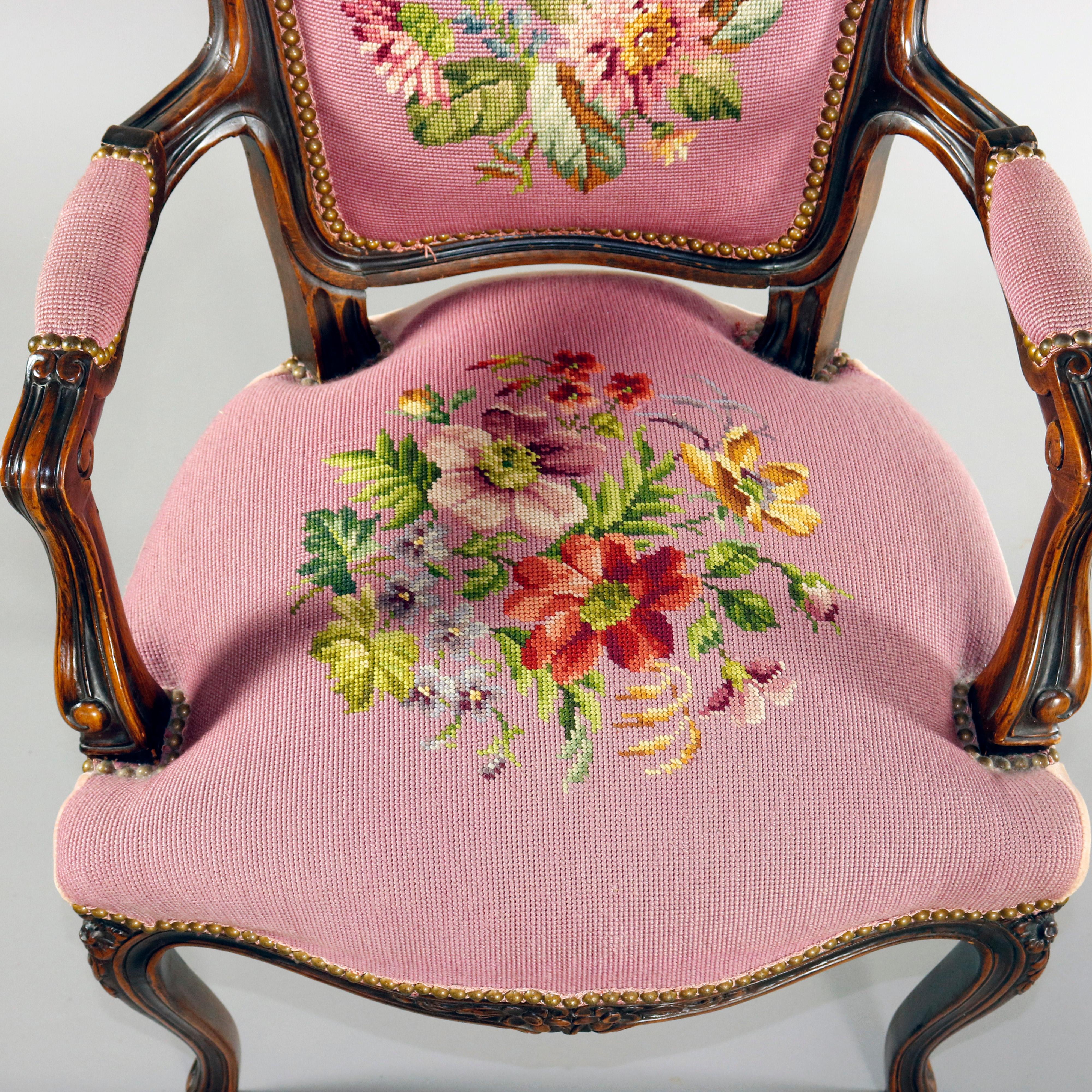 American French Louis XV Carved Walnut and Floral Needlepoint Armchair, 20th Century