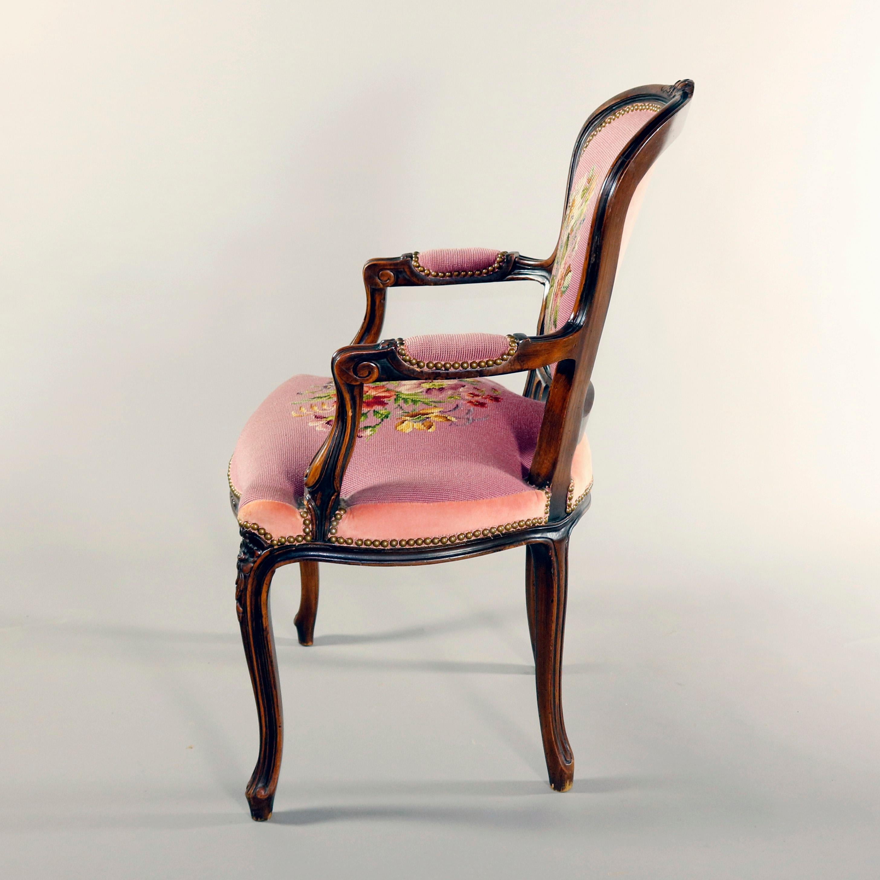 Hand-Crafted French Louis XV Carved Walnut and Floral Needlepoint Armchair, 20th Century