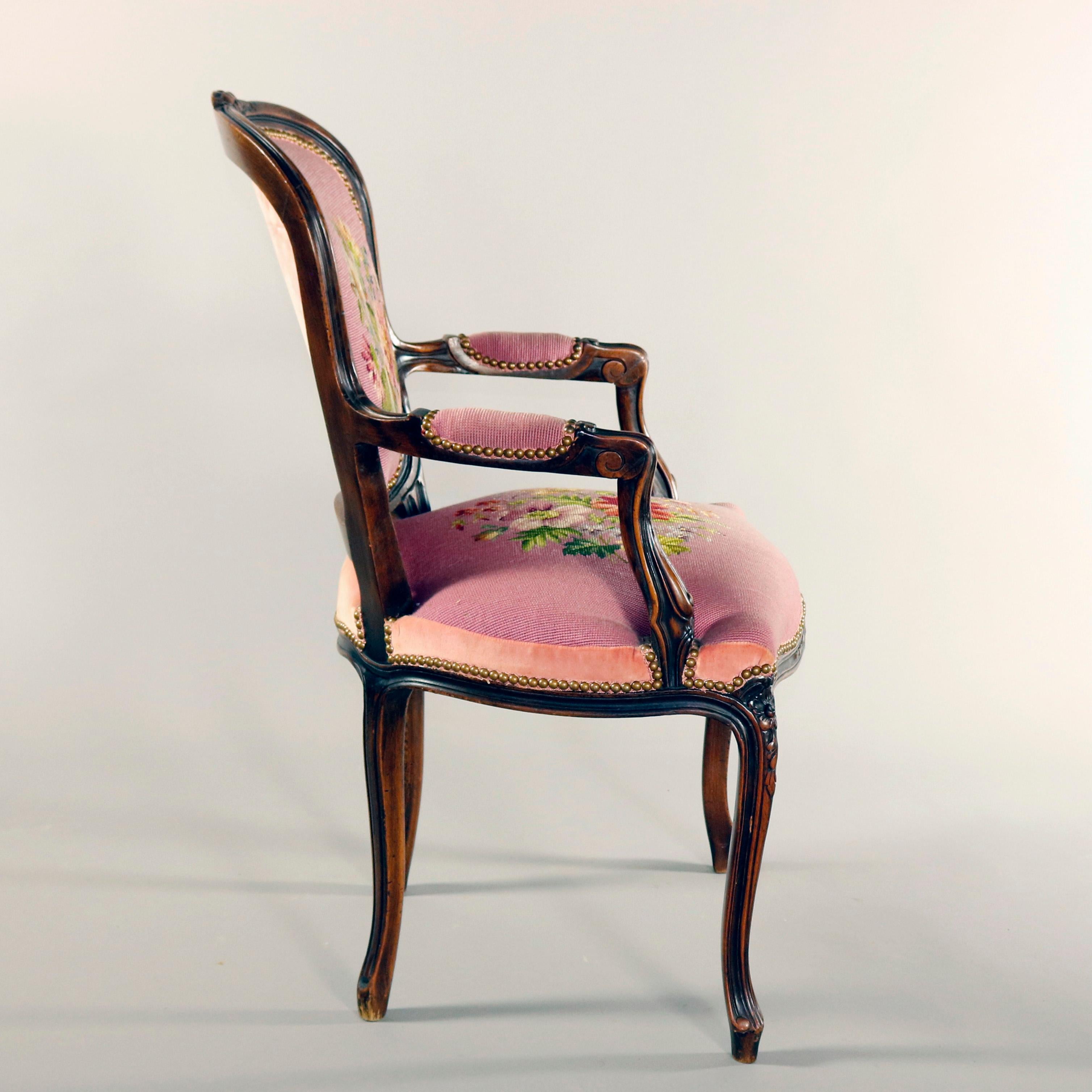 French Louis XV Carved Walnut and Floral Needlepoint Armchair, 20th Century In Good Condition In Big Flats, NY