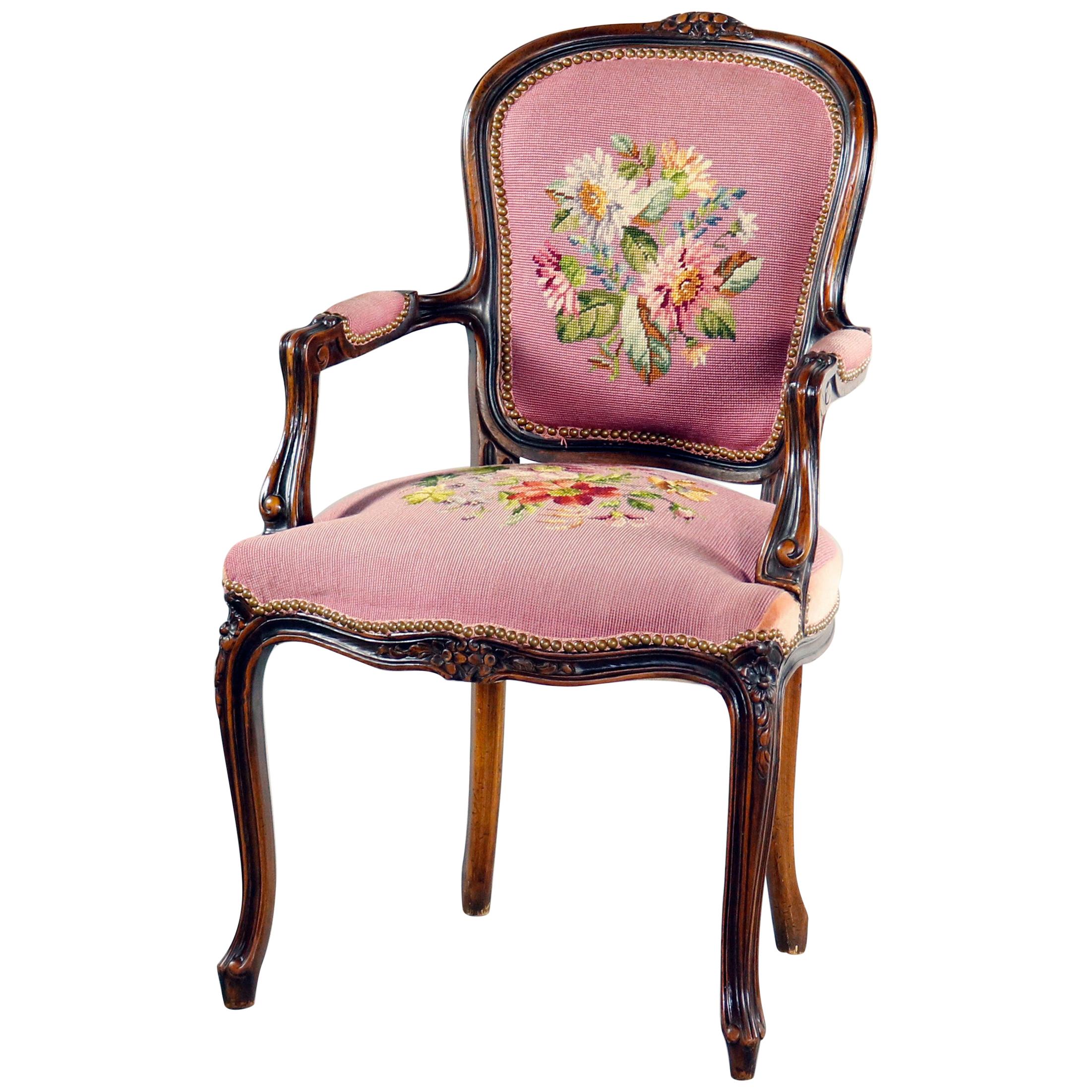 French Louis XV Carved Walnut and Floral Needlepoint Armchair, 20th Century