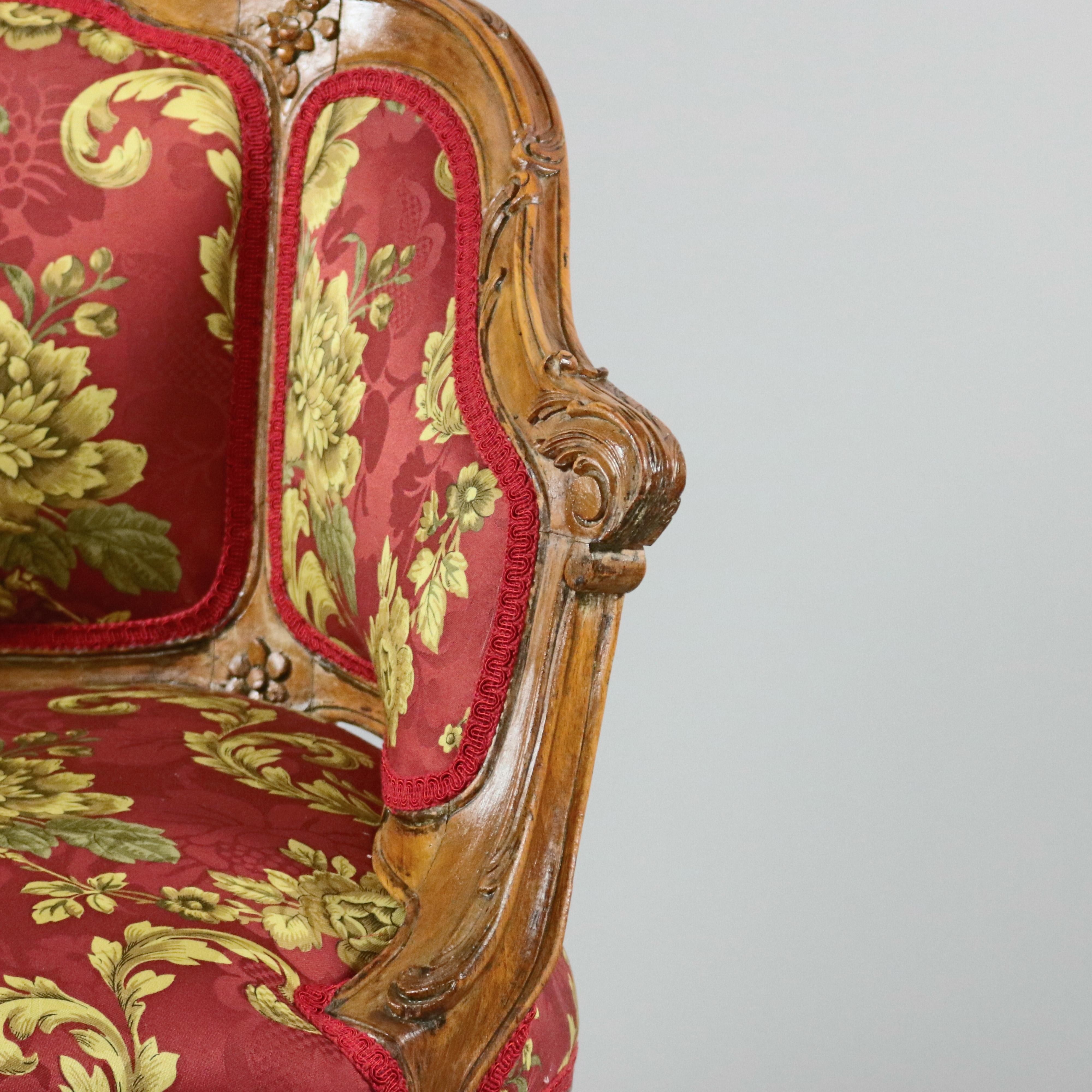18th Century and Earlier Antique French Louis XV Carved Walnut French Bergère Armchair, 18th Century