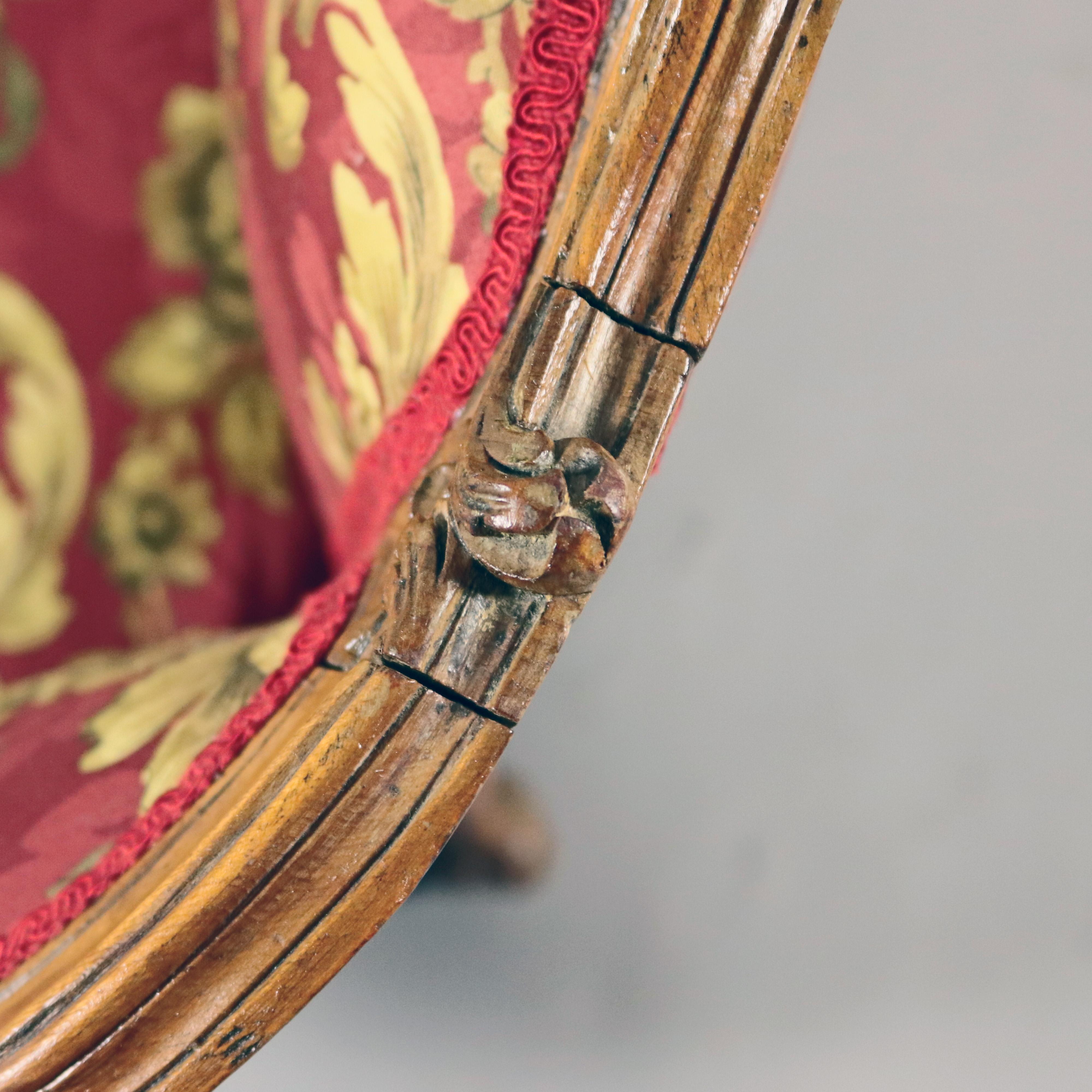 Upholstery Antique French Louis XV Carved Walnut French Bergère Armchair, 18th Century