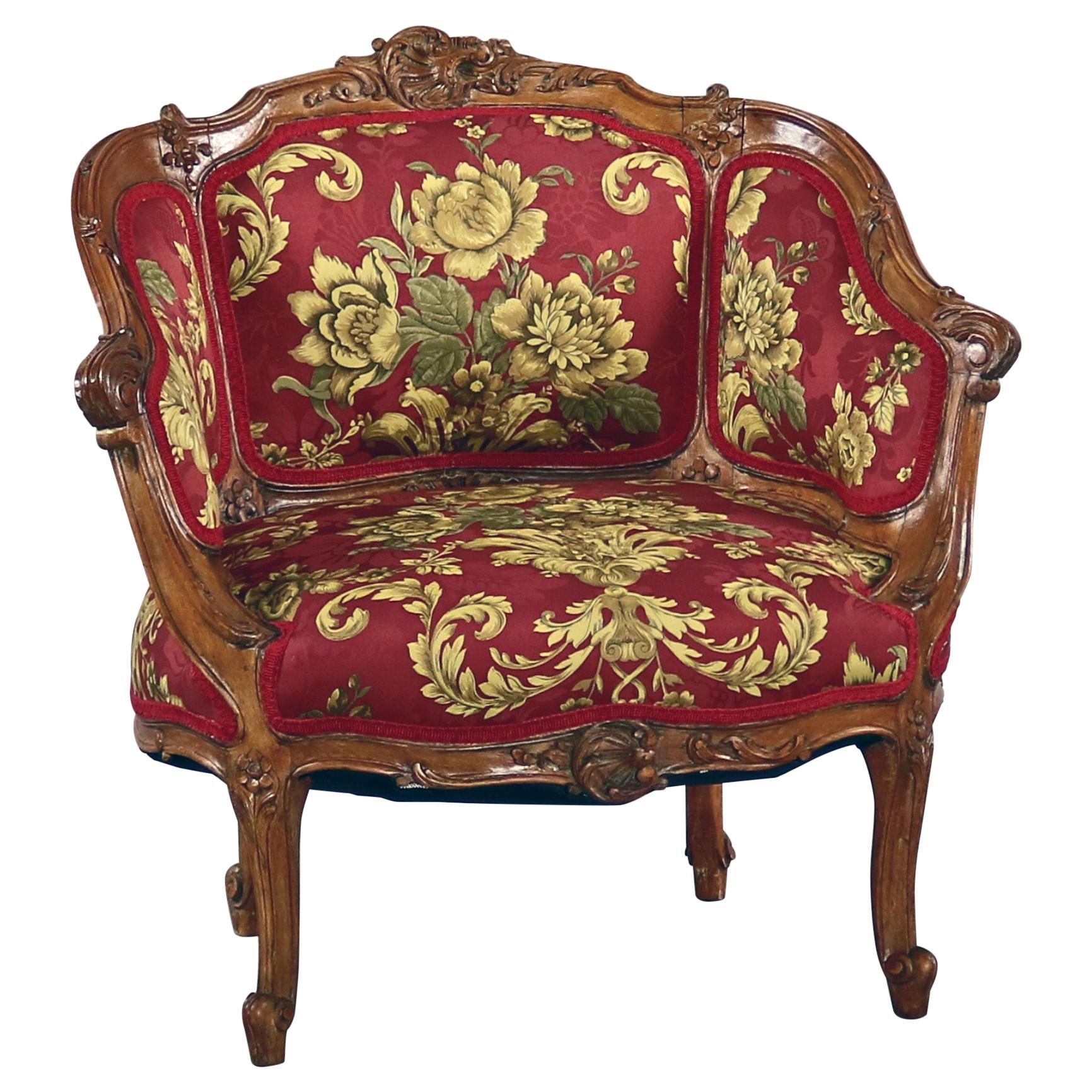 Antique French Louis XV Carved Walnut French Bergère Armchair, 18th Century