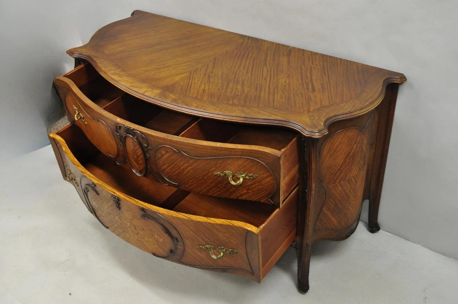 Antique French Louis XV Carved Walnut Inlaid Bombe Demilune Commode Dresser For Sale 5
