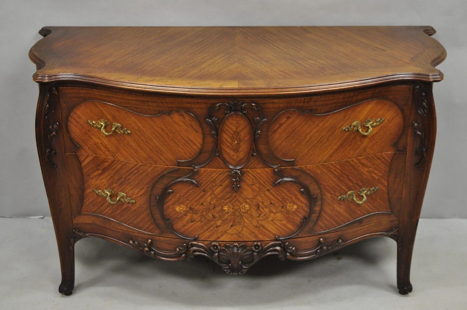 Antique French Louis XV Carved Walnut Inlaid Bombe Demilune Commode Dresser For Sale 7